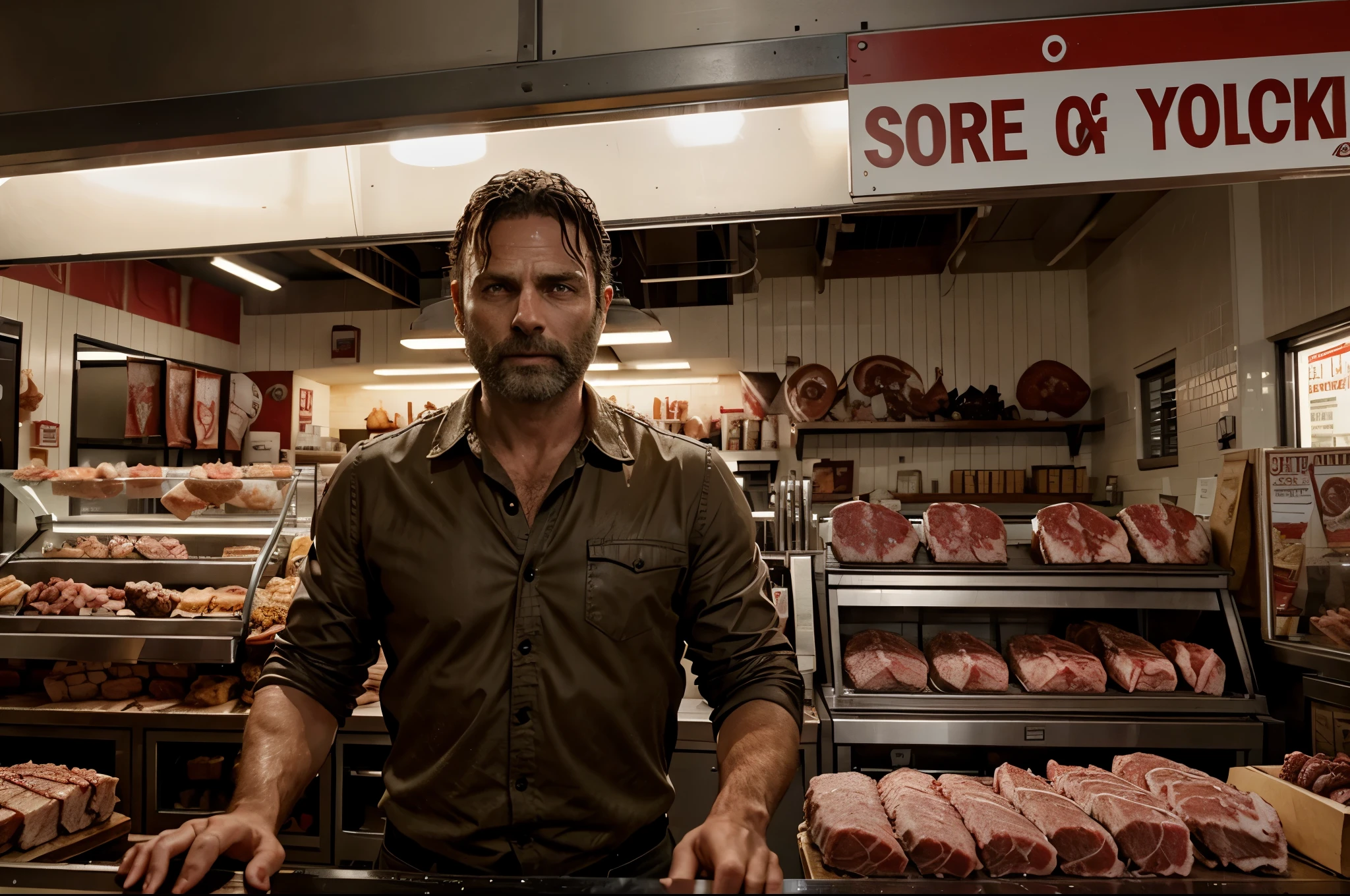 Rick Grimes in full body is inside of a butcher shop, perfect eyes,