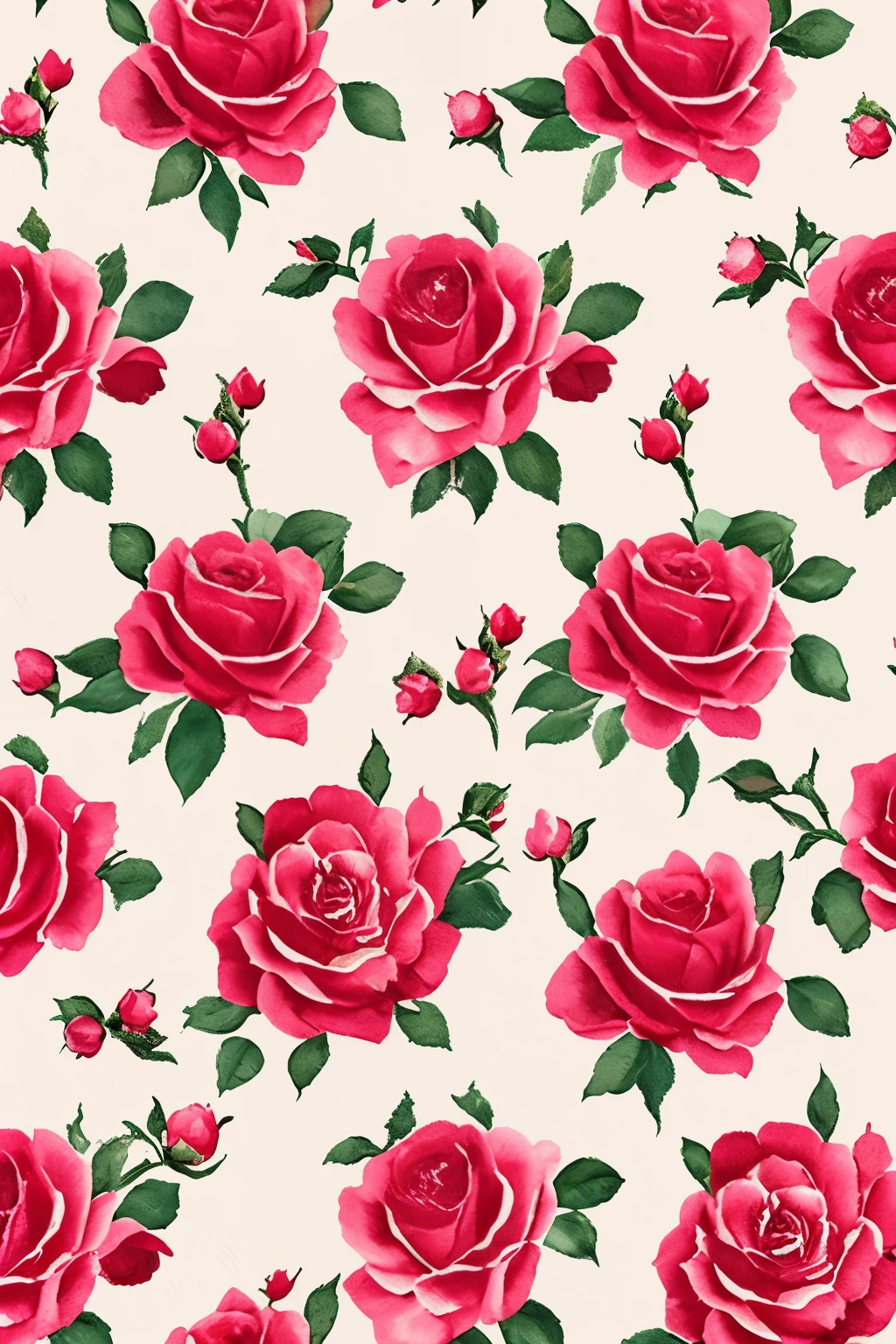 A captivating seamless pattern of crimson roses adorns a textured cream background, evoking a vintage watercolor feel with its soft and delicate brushstrokes. This intricately designed surface pattern exudes an ethereal allure, perfect for adding a touch of elegance and charm to any space. Floral tiles, 750 x 750 pixels.
