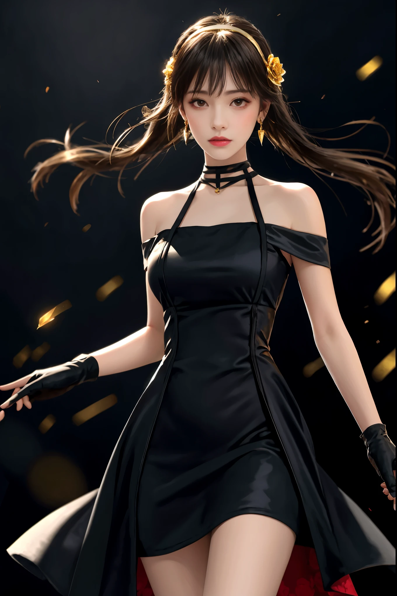yor briar, (photorealistic), beautiful girl, 

backlighting, bare shoulders, black background, black dress, black gloves, black hair, breasts, closed mouth, cowboy shot, dress, earrings, expressionless, fingerless gloves, floating hair, gloves, gold earrings, gold hairband, hair flower, hair ornament, hairband, jewelry, large breasts, light particles, long hair, looking at viewer, off-shoulder dress, off shoulder, petals, red eyes, short hair with long locks, sidelocks, solo, spikes, thighs, two-sided dress, two-sided fabric

, ((masterpiece))