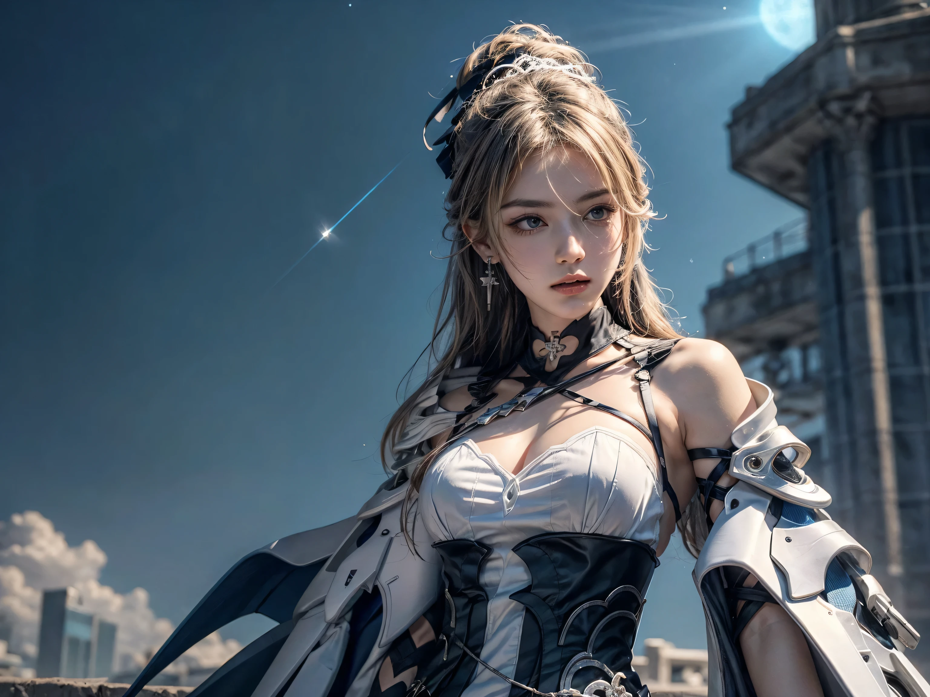 (Best quality, 8k, 32k, Masterpiece, UHD:1.2), ((ultra-detailed)), extremely beautiful, ((beautiful detailed cinematic light: 1.3)), (extremely detailed CG unity 8k wallpaper:1.3), 1girl, solo, bronya zaychik (silverwing n-ex), 20 years old, long hair, grey hair, bangs, grey eyes, earrings, drill hair, twin drills, hair between eyes, perfect breasts, hair ornament, mecha musume, mechanical arms, headgear, Mecha wings, Laser Cannon on hand, starry sky,skyline, cowboy shot, depth of field, focus on character, detailed face, detailed body, look at viewer,