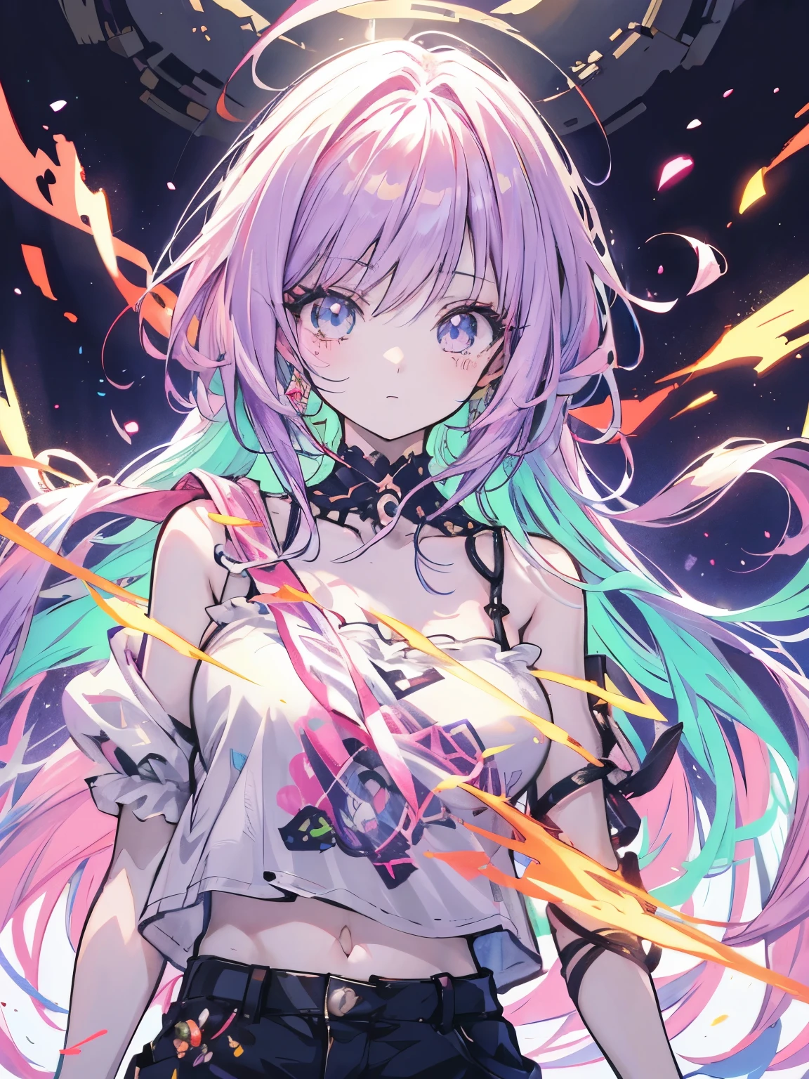 anime cabelo enrolado flouresente brilhante, cor roxo neon laranja neon