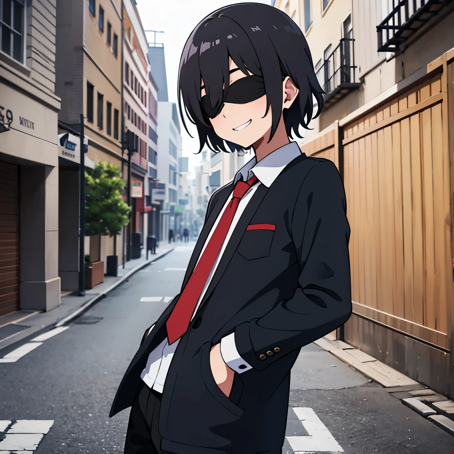 calidad superior, Obra maestra, Ultra high resolution, anime illustration of a boy with black hair who has both eyes covered by a black blindfold, wears a school uniform and has a friendly smile and his hands are in his pocket and he is standing on a street 