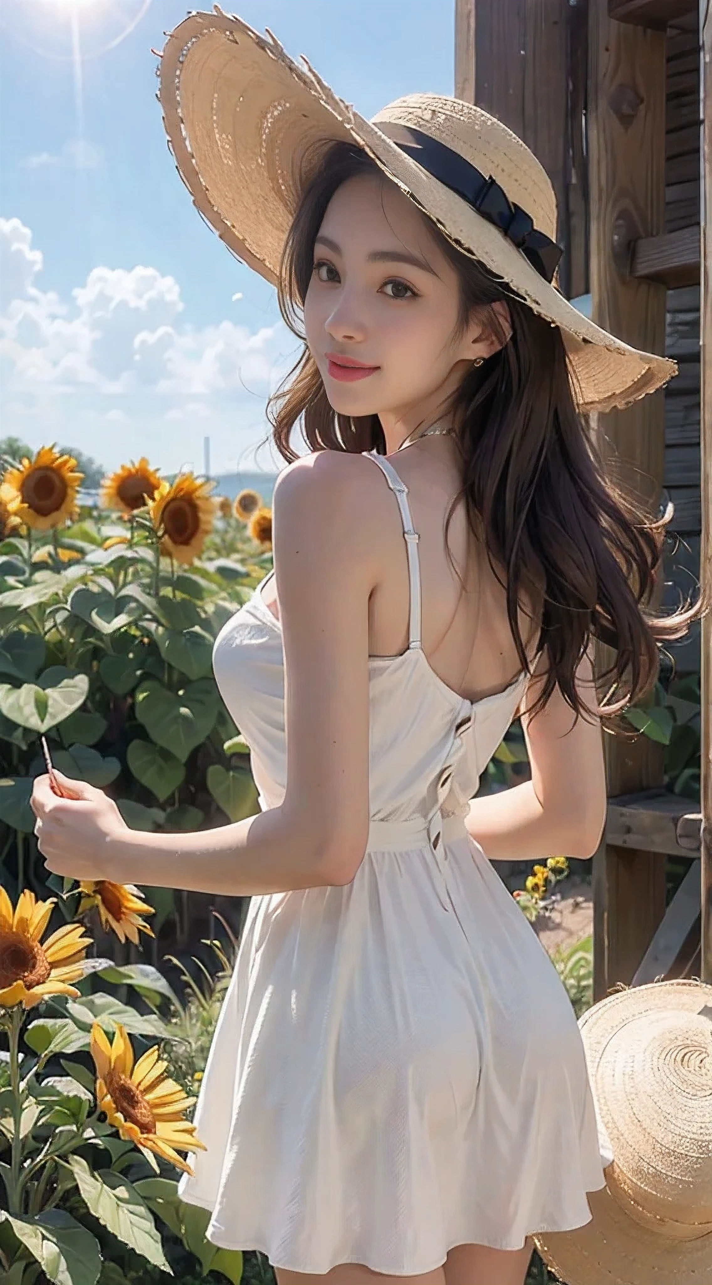 无与伦比的masterpiece, Super real photos, perfect work of art, intricate details, the best quality, Bright light,high contrast, sunflower fields , Cute kawaii girl ,(Sweat:0.5) , arms back , White knee-length camisole dress , straw hat , Smile,Bright light , Sunlight , wind , summer sky ,incoming , attack , magic effect , fireworks .light bloom , lens flare , (away from the viewer:1.1), high quality , the best , high resolution , the best品質 , Award-winning , Very detailed .extreme details , masterpiece ,