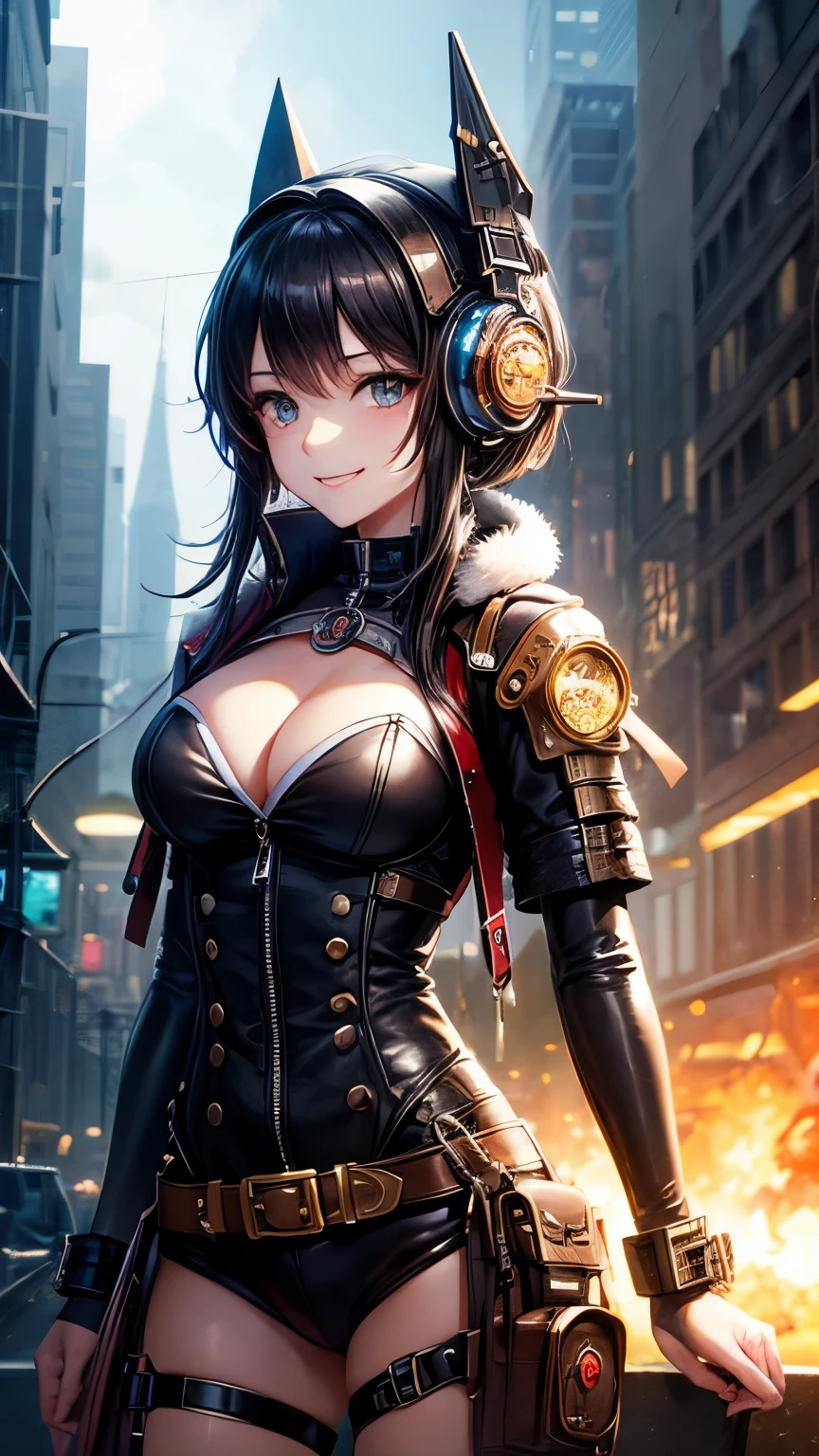 One woman。fractal art,steampunk,cyber punk,smile、cleavage