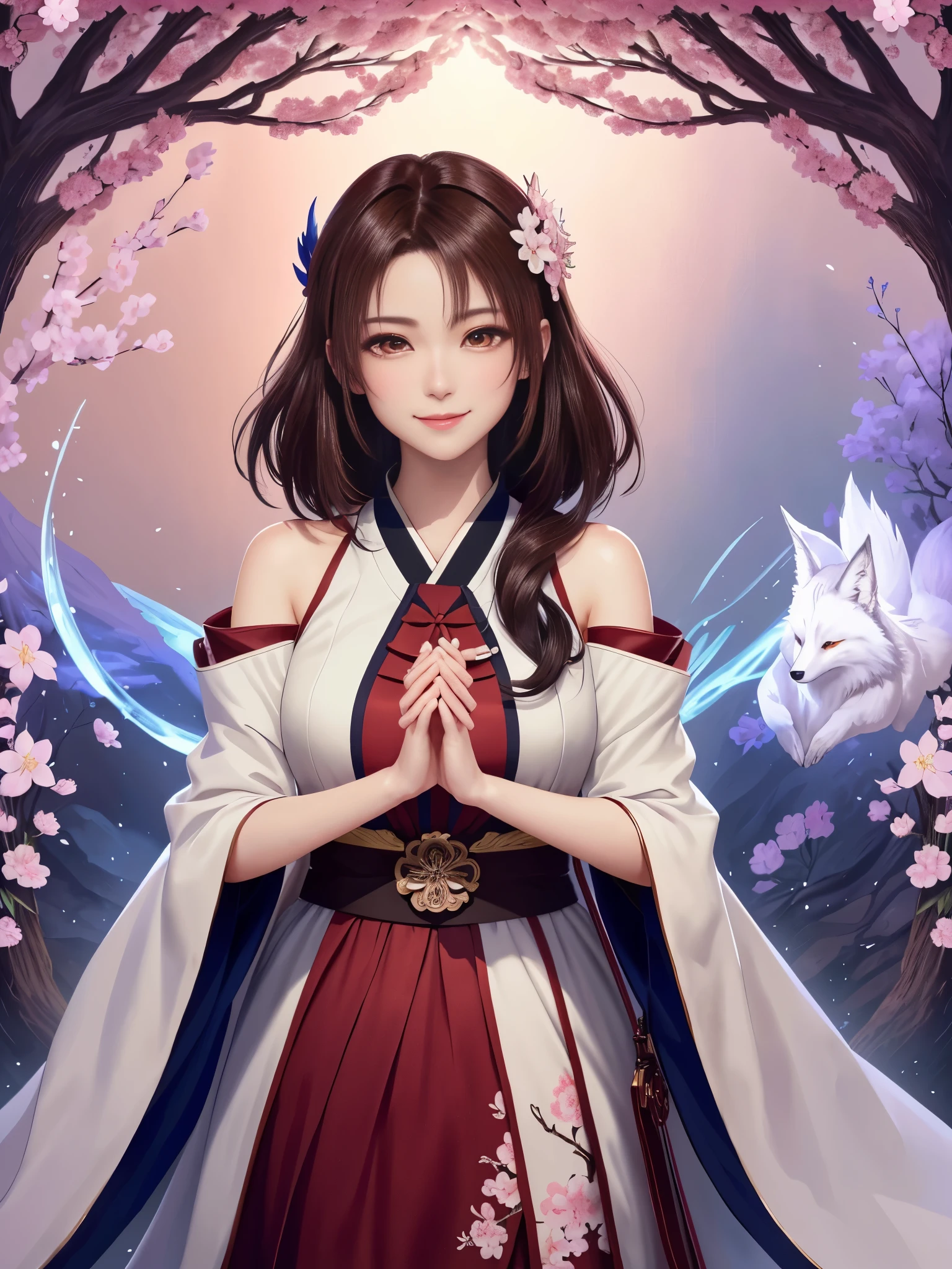 masterpiece , best quality,close up of face,smile,the whole body is facing forward,shoulder exposure,bright brown hair,slender body shape,brown eyes,sharp contrast,short hair,美しいフォルムのshort hair,just one person,precision quality,Faithfully reproduced eyes, 一面に咲くcherry blossom background,masterpiece, 幻想的なcherry blossom background,cherry blossom background,beautiful details, colorful, delicate details, delicate lips, intricate details, genuine, ultrargenuineista, 枝に座っている色とりどりの髪のFoxを持つ女の子:Mature, bright eyes, ,色とりどりのFox, raposa de nine tails, 三尾Fox, 三尾Fox, onmyoji detail art, beautiful fine art illustration, mythical creatures, Fox, beautiful digital art,shrine maiden,hold hands,exquisite digital illustration, mizutsune, Inspired by mythical wild web creatures, pixiv in digital art, shining light, high contrast, Mysterious,