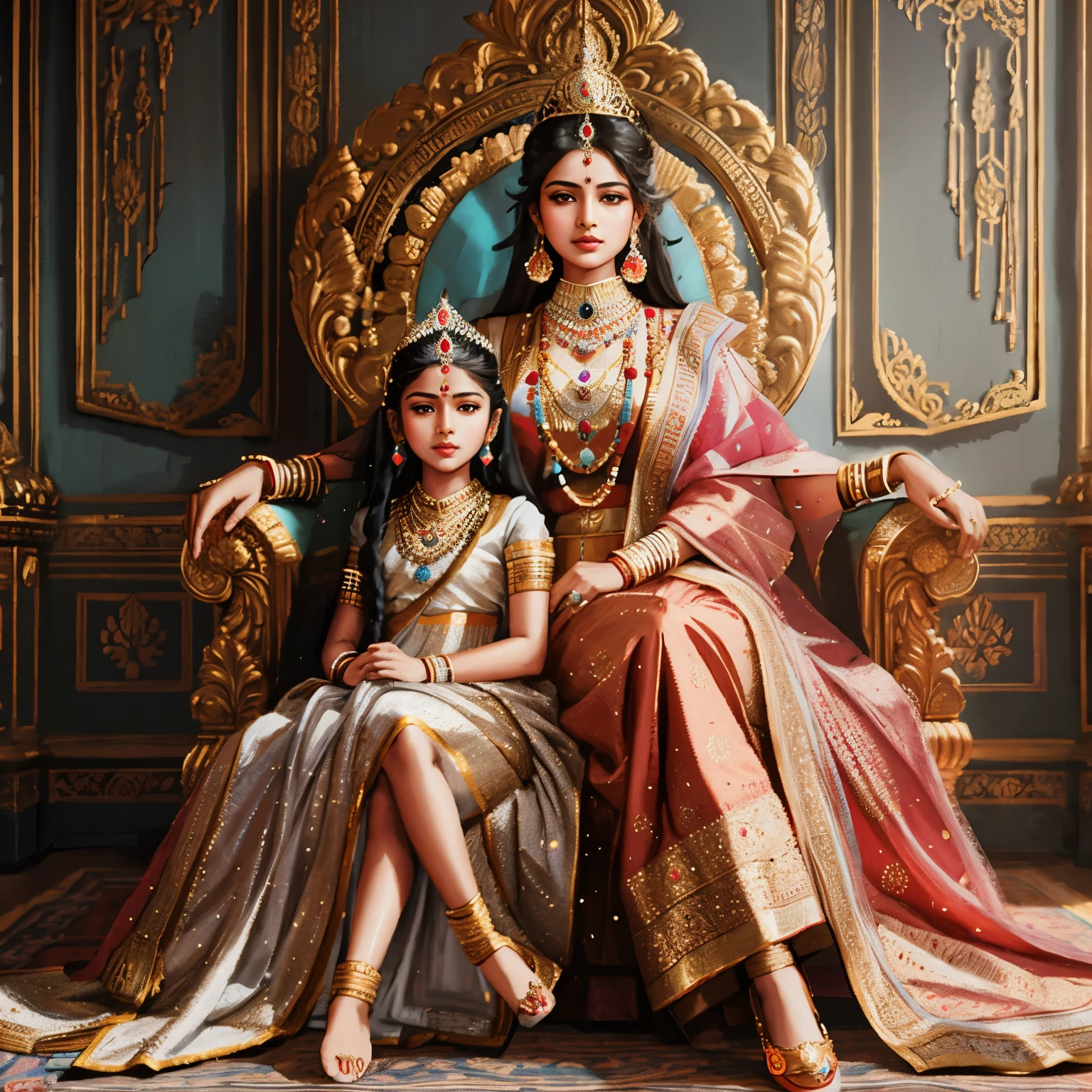 arafed Indian traditional queen woman and a  sitting on a chair in a room, of indian princess, portrait painting of a princess, princess portrait, royal portrait, royal portrait painting, artwork in the style of guweiz, queen and ruler of the universe, indian empress, regal pose, hindu aesthetic, seated in royal ease, portrait of princess, royal elegant pose, album art
