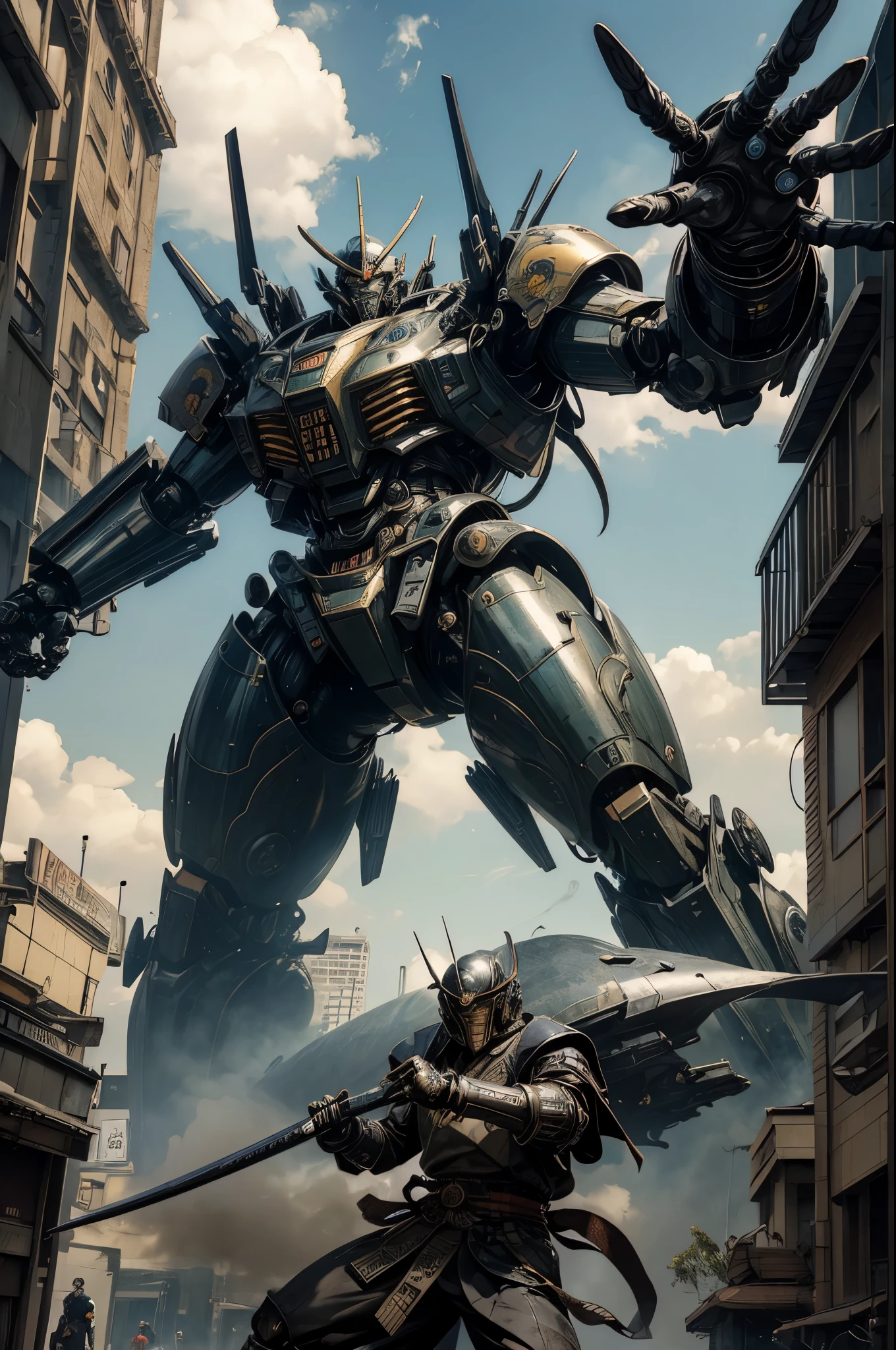 (A giant mecha, styled after a feudal Samurai with Steam punk undertones), is battling a slimy Kaiju in downtown Tokyo