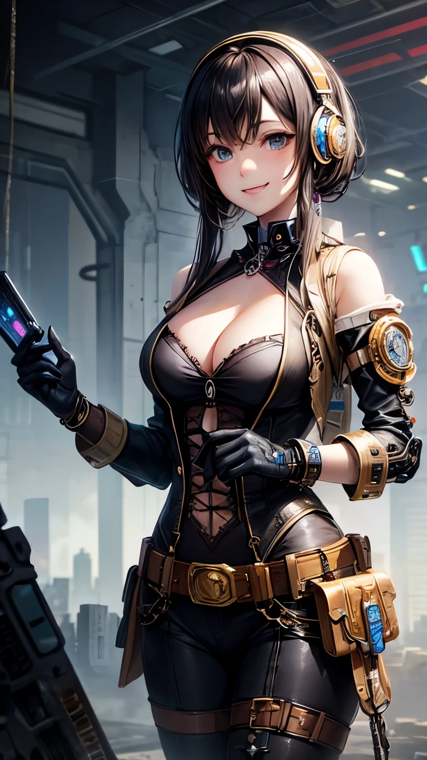 One woman。fractal art,steampunk,cyber punk,smile、cleavage