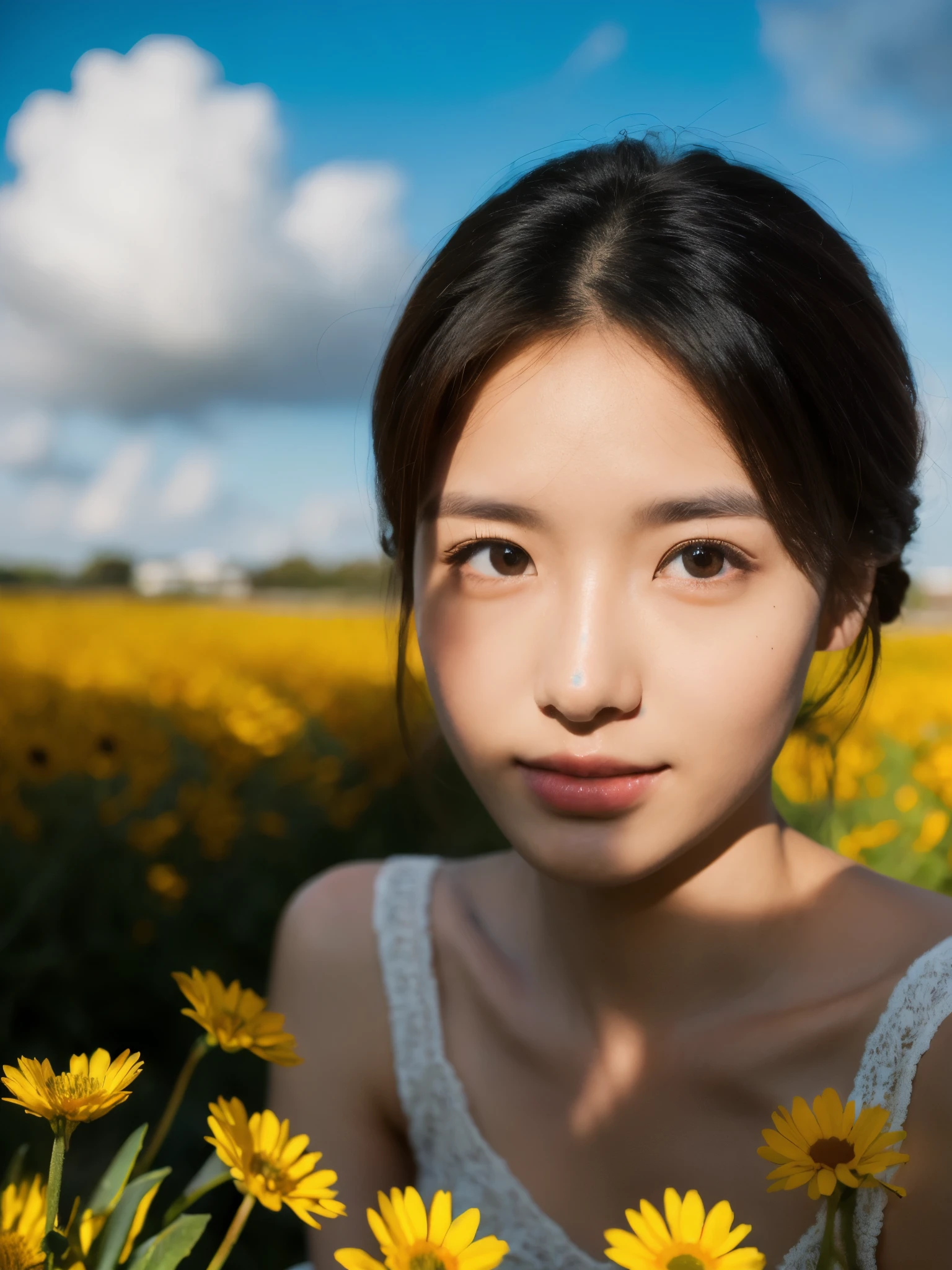 ((pure beauty:0.8, hyper-realistic:1.2)), Caucasian meat:1.2, Bright Eyes:1.1), Light contrast and hue:1.1, high surface area:1.1, Picture quality:ultra high definition:1, portrait, high nose bridge, Dynamic angle, Clouds and seas, Flower field in the foreground, Light tracing, lifelike, Informal art, Unified 8K, masterpiece,best quality, sparkling skin, light,