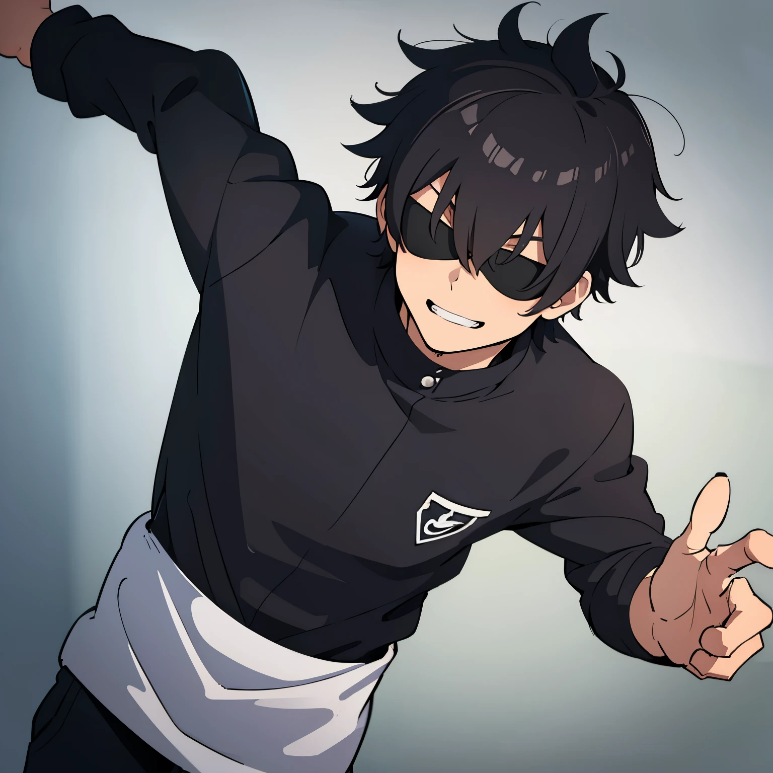 calidad superior, Obra maestra, Ultra high resolution, anime illustration of a boy with black spiky hair who has both eyes covered by a black blindfold, wears a school uniform and has a friendly smile and his hands are in his pocket and he is standing on a street 