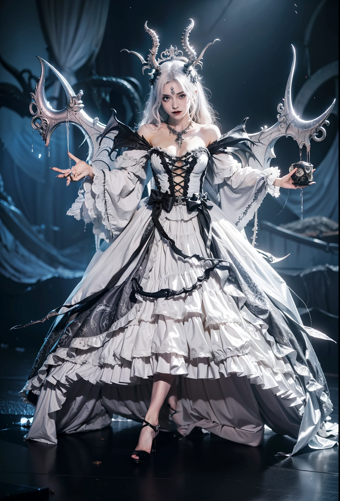 beautifully，Picture of box full of swords,wing, succubus theme，fallen angel，Excellent，scary，secret horror，tentacle，have eyes，uncanny valley effect，little beast blood moon，skull skeleton，vampire，Hellfire，magic ball，wear high heel shoes