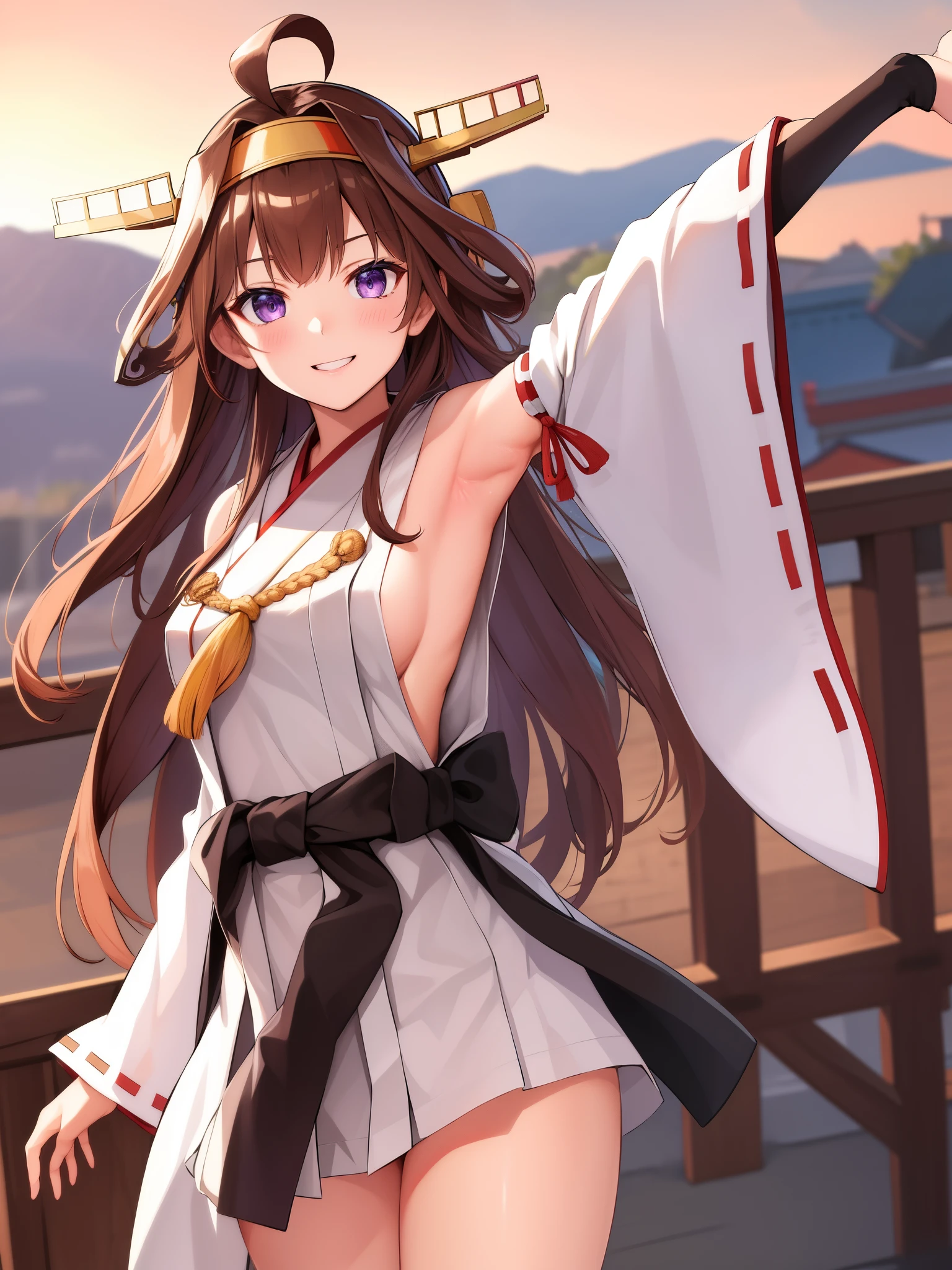 Show your armpits,(masterpiece, highest quality:1.2),figure,8k,hd,1 girl,alone,cowboy shot,Brown_hair,length_hair,Ahoge,hairband,hair_good,double_good,headgear,smile,non-traditional_Miko,purple_eye,separated_sleeve,Japanese_Clothes,ribbon-trimmed_sleeve,ribbon_trim,