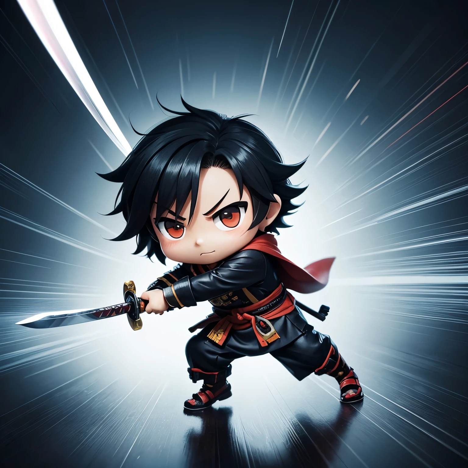 best quality, (chibi, super deformed, full body), samurai wields a Japanese sword, motion-blur, action-lines, speed-lines
