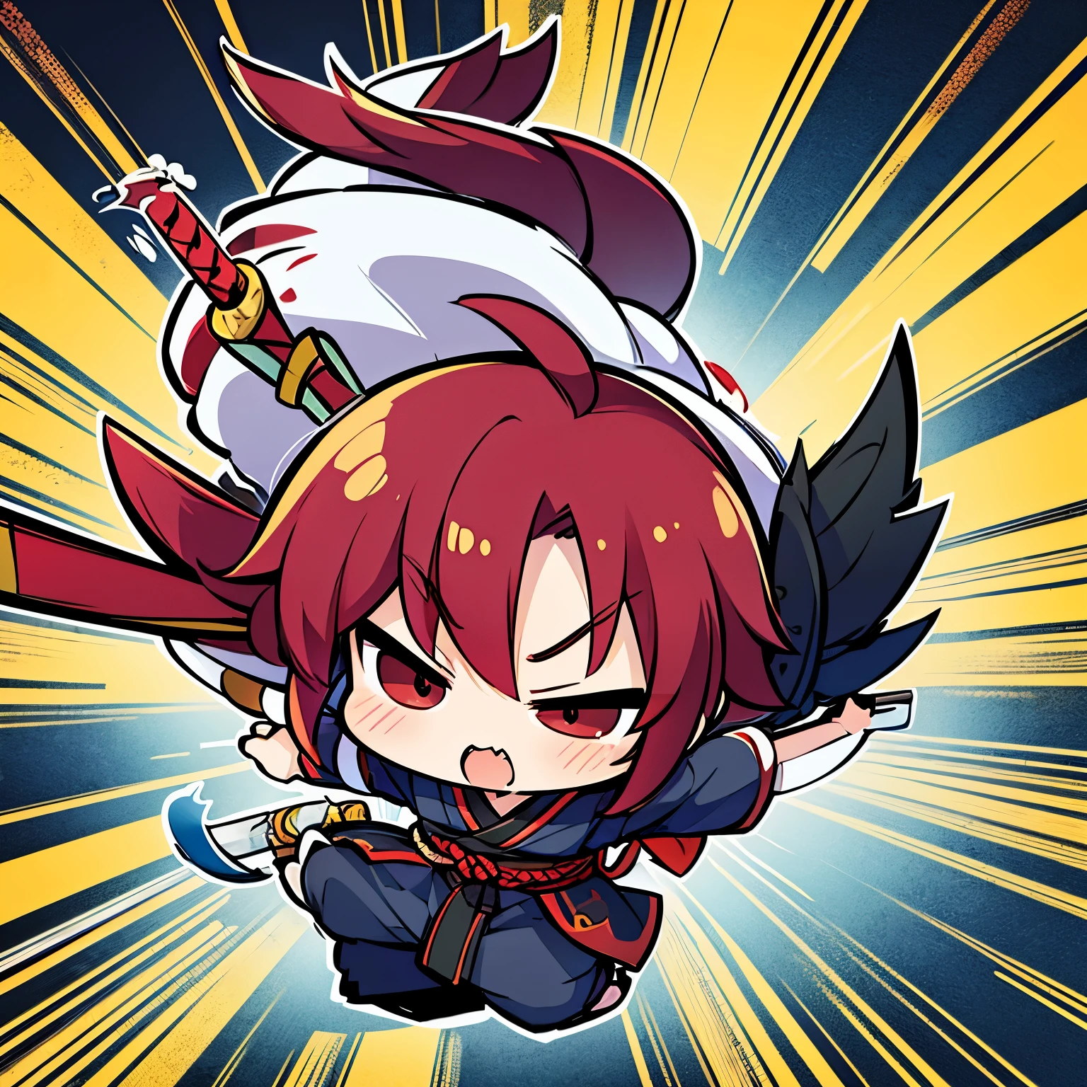 best quality, (chibi, super deformed, full body), samurai wields a Japanese sword, motion-blur, action-lines, speed-lines