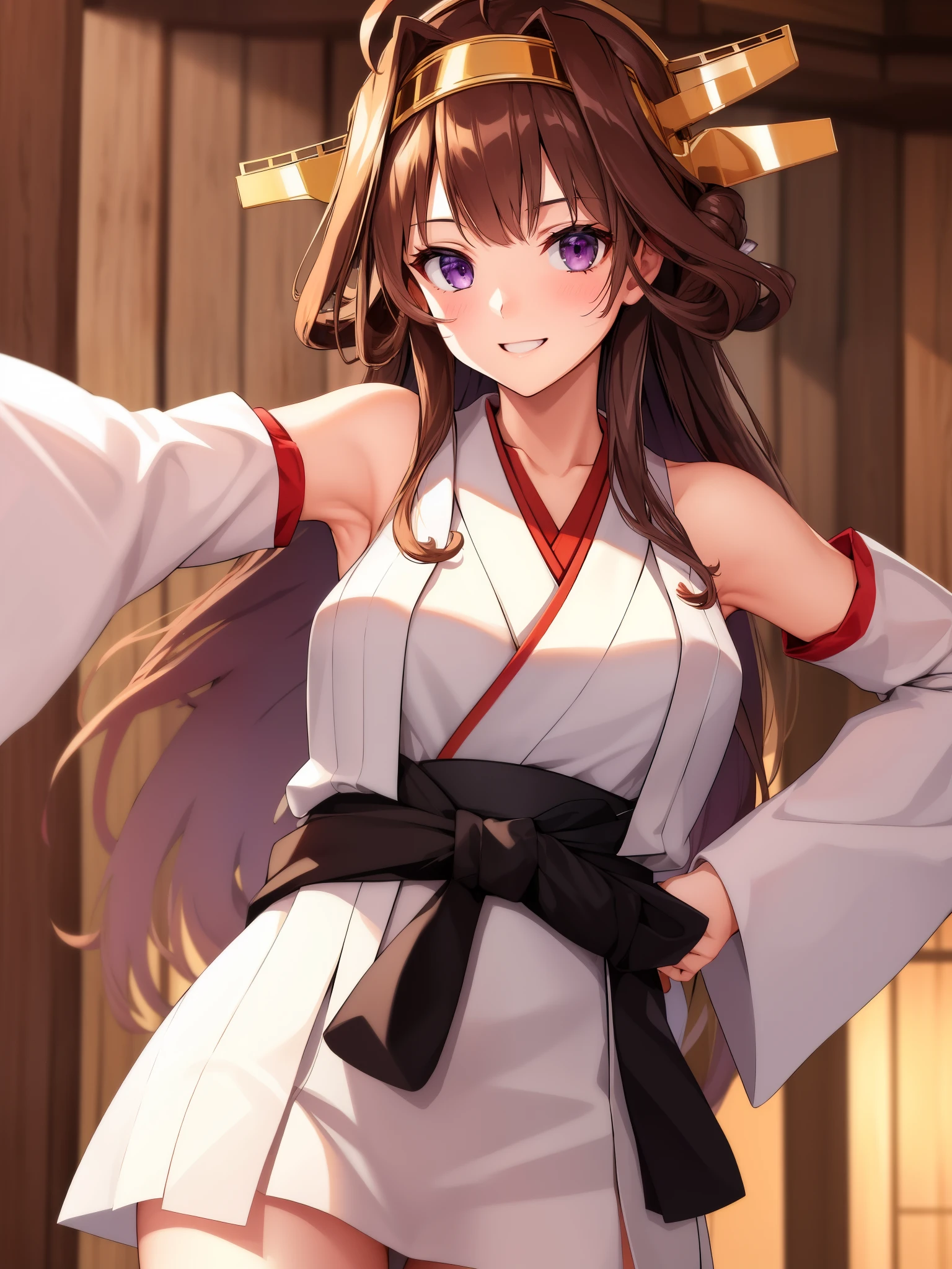 Show your armpits,(masterpiece, highest quality:1.2),figure,8k,hd,1 girl,alone,cowboy shot,Brown_hair,length_hair,Ahoge,hairband,hair_good,double_good,headgear,smile,non-traditional_Miko,purple_eye,separated_sleeve,Japanese_Clothes,ribbon-trimmed_sleeve,ribbon_trim,