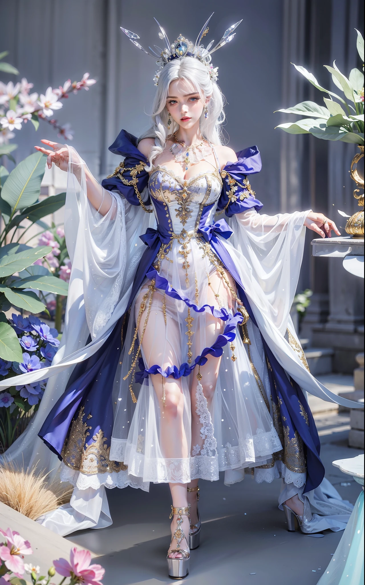 Royal sister,exquisite eyes,Detailed text,tall figure,Leg length,4K,HD,,White translucent lace,Fair and plump figure,pretty face,Little cherry mouth,beautiful and delicious(3D royal sister),Gorgeous dress encrusted with gemstones crystal gold diamonds,Ice princess wears gorgeous sparkling gemstone dress