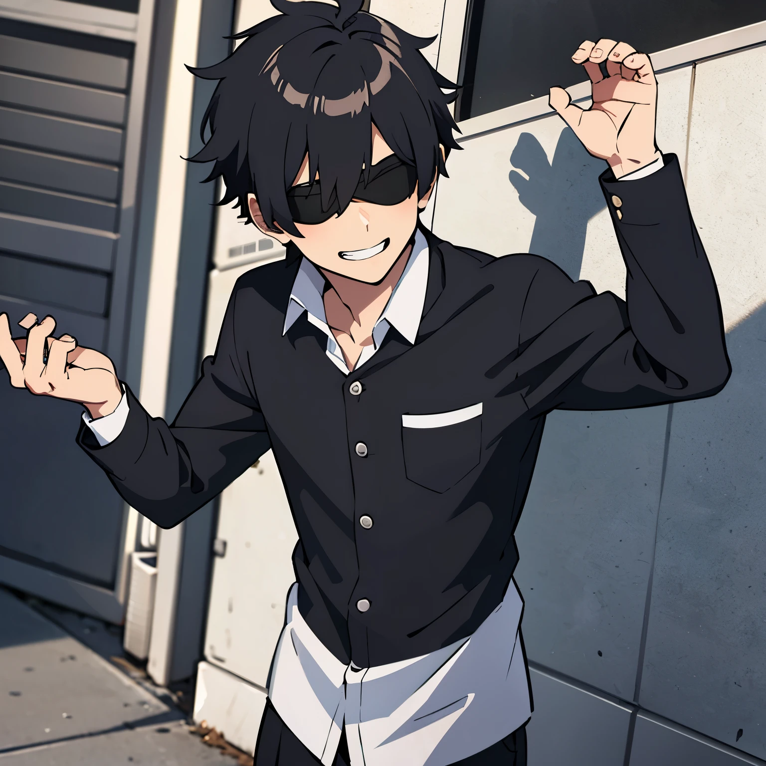 calidad superior, Obra maestra, Ultra high resolution, anime illustration of a boy with black spiky hair who has both eyes covered by a black blindfold, wears a school uniform and has a friendly smile and his hands are in his pocket and he is standing on a street 