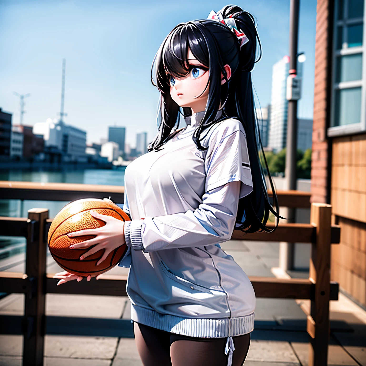 (realistic:1.2),(best quality,4k,8k,highres,masterpiece:1.2),ultra-detailed,1 girl standing, wearing a basketball shirt, 27 years old, long-haired, holding a basketball