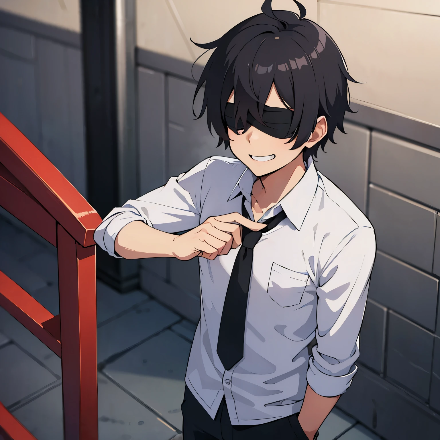 calidad superior, Obra maestra, Ultra high resolution, anime illustration of a boy with black spiky hair who has both eyes covered by a black blindfold, wears a school uniform and has a friendly smile and his hands are in his pocket and he is standing on a street 