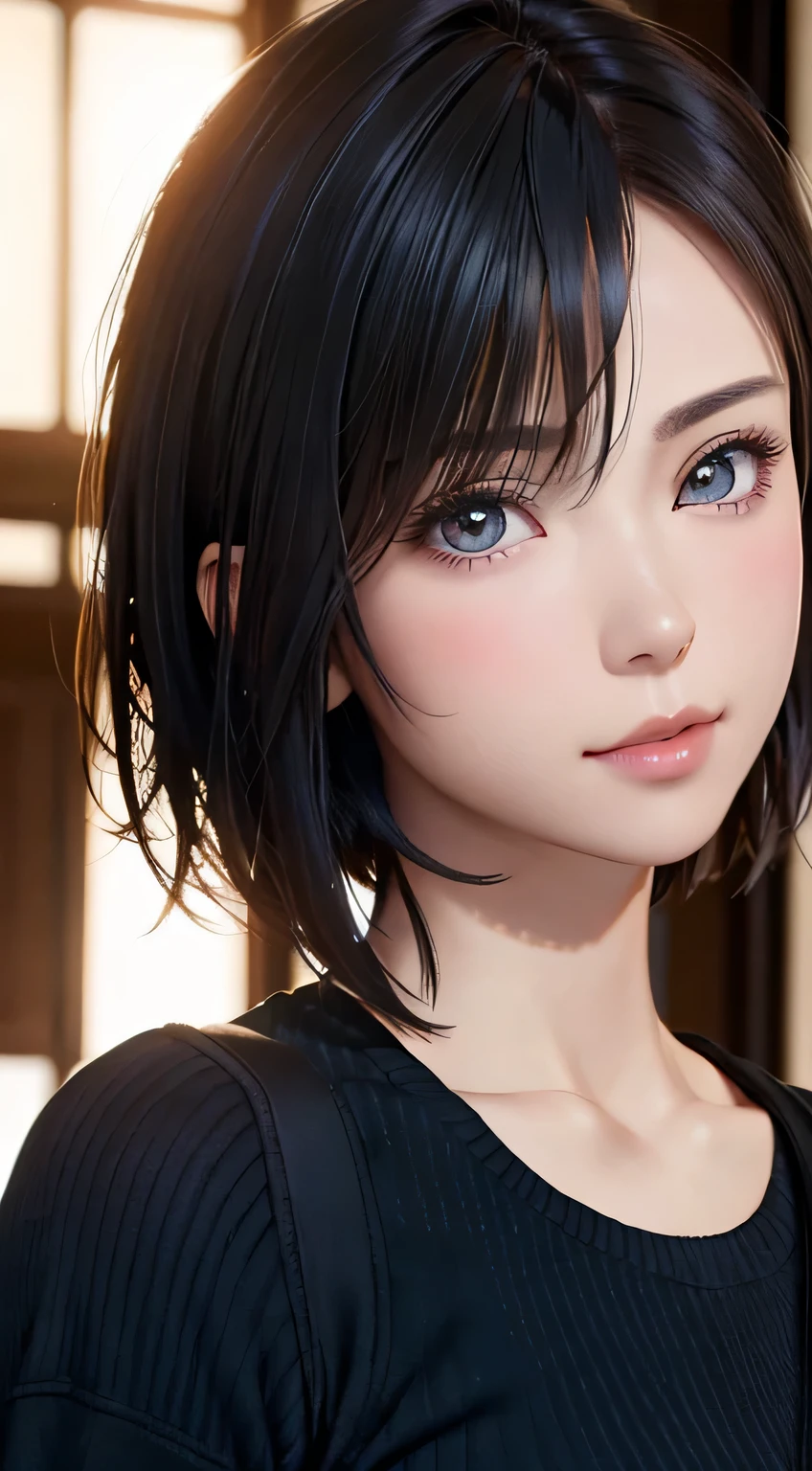 highest quality, ultra high resolution, beautiful Eyes, very short hair, beautiful,Working on the 6th floor of Akasaka Building、 perfect style, perfect balance, fine skin、looking at the camera,face focus,Backlight