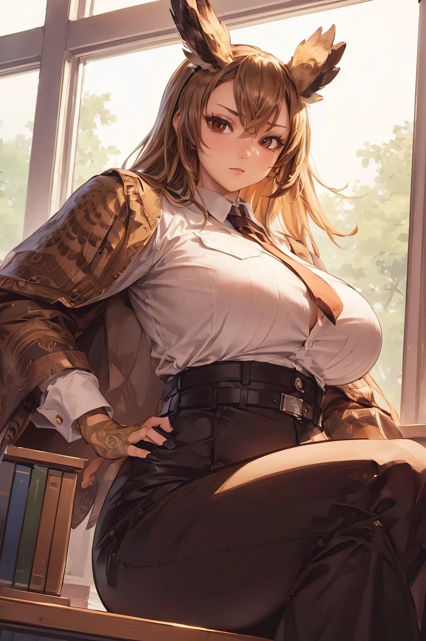 (masterpiece, best quality, ultra-detailed, photorealistic, hdr, 8k), a humanoid owl as a hot librarian, perfect body, wide hips, sitting behind the library counter, judging you for making much noise, annoyed