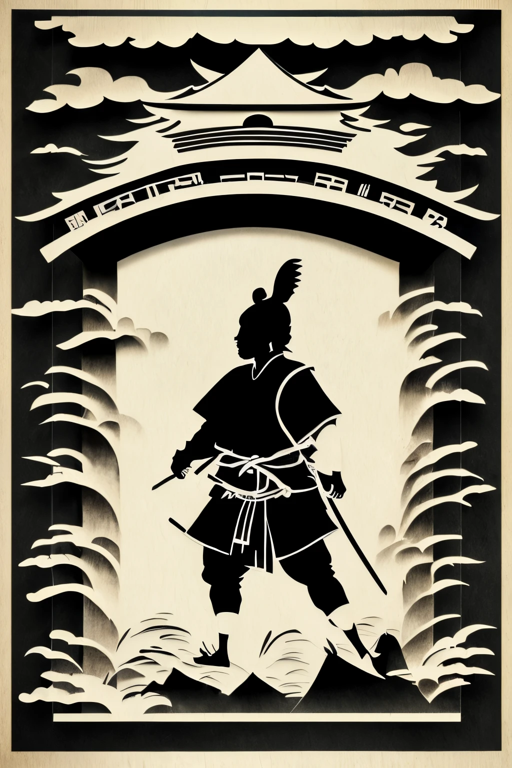 best quality, shadow puppet, silhouette, Japanese style drawing, ukiyo-e style, ink painting, watercolor art drawing, Japanese samurai, Japanese samurai, (Japanese sword, shining silver plated:1.1), Japanese armor, Japanese samurai costume, Japanese castle, castle tower, Japanese room, tatami, motion-blur, action-lines, speed-lines