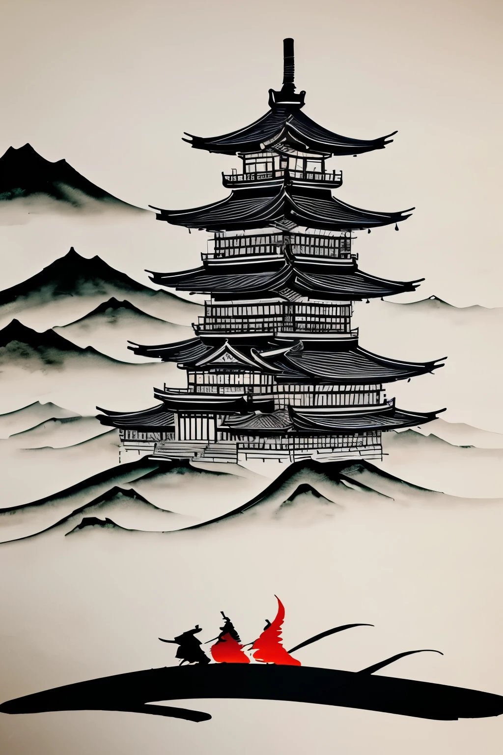 best quality, shadow puppet, silhouette, Japanese style drawing, ukiyo-e style, ink painting, watercolor art drawing, Japanese samurai, Japanese samurai, (Japanese sword, shining silver plated:1.1), Japanese armor, Japanese samurai costume, Japanese castle, castle tower, Japanese room, tatami, motion-blur, action-lines, speed-lines