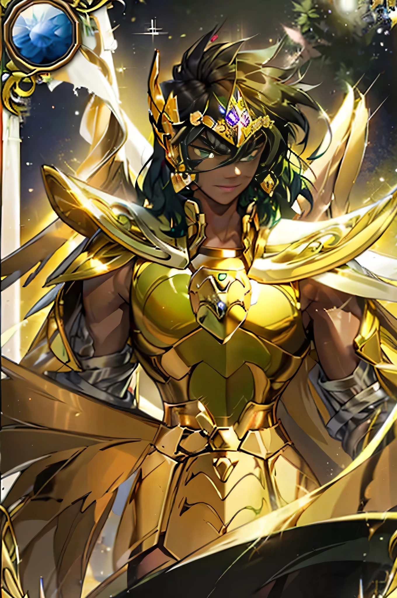 Homem negro, pele negra, black man, cabelo curto, masculino, male, armadura de ouro, Sagittarius Armor, cabelo bem curto, (cabelo pequeno), cabelo curto, (((cabelo verde))), (((green hair))), imagem detalhada, ultra definida, 16k, looking at camera, wings, golden armor, helmet, SagittariusArmor