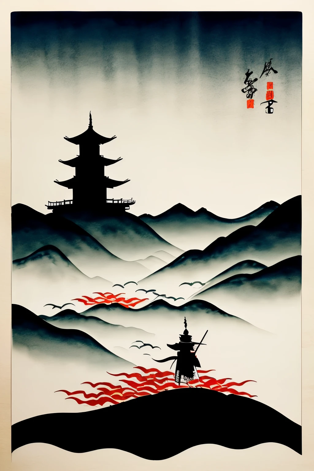 best quality, shadow puppet, silhouette, Japanese style drawing, ukiyo-e style, ink painting, watercolor art drawing, Japanese samurai, Japanese samurai, (Japanese sword, shining silver plated:1.1), Japanese armor, Japanese samurai costume, Japanese castle, castle tower, Japanese room, tatami, motion-blur, action-lines, speed-lines