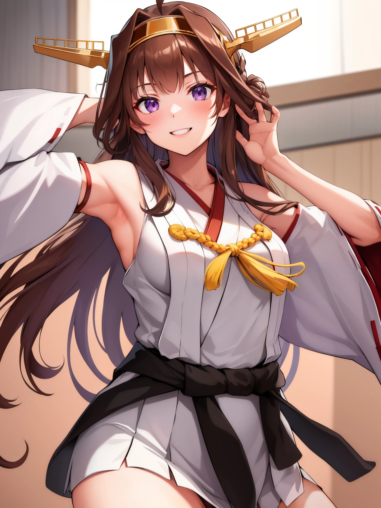 Show your armpits,(masterpiece, highest quality:1.2),figure,8k,hd,1 girl,alone,cowboy shot,Brown_hair,length_hair,Ahoge,hairband,hair_good,double_good,headgear,smile,non-traditional_Miko,purple_eye,separated_sleeve,Japanese_Clothes,ribbon-trimmed_sleeve,ribbon_trim,