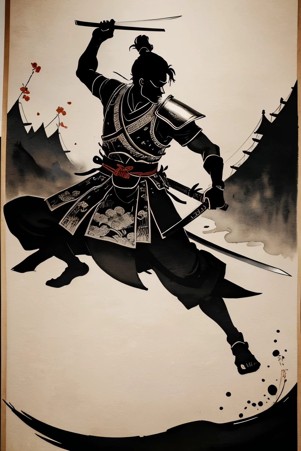 best quality, shadow puppet, silhouette, Japanese style drawing, ukiyo-e style, ink painting, watercolor art drawing, Japanese samurai, Japanese samurai, (Japanese sword, shining silver plated:1.1), Japanese armor, Japanese samurai costume, Japanese castle, castle tower, Japanese room, tatami, motion-blur, action-lines, speed-lines