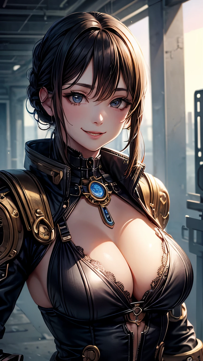 One woman。fractal art,steampunk,cyber punk,smile、cleavage