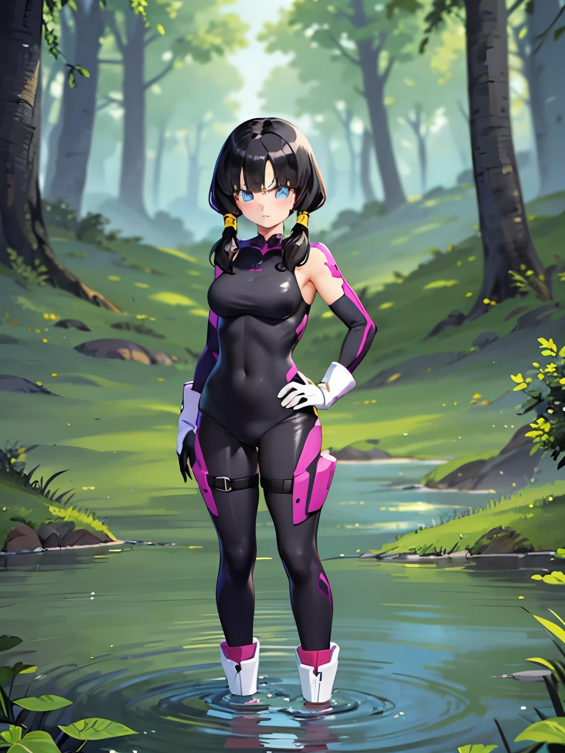 masterpiece, highest quality, High resolution, Full body image of a girl,saw 2, blue eyes, black hair, Low twintails and short cut, medium breasts, frown,blush, 1 girl,  Black tight suit,streak,place both hands on hips, looking at the viewer。black quagmire,Wandering in the swamp