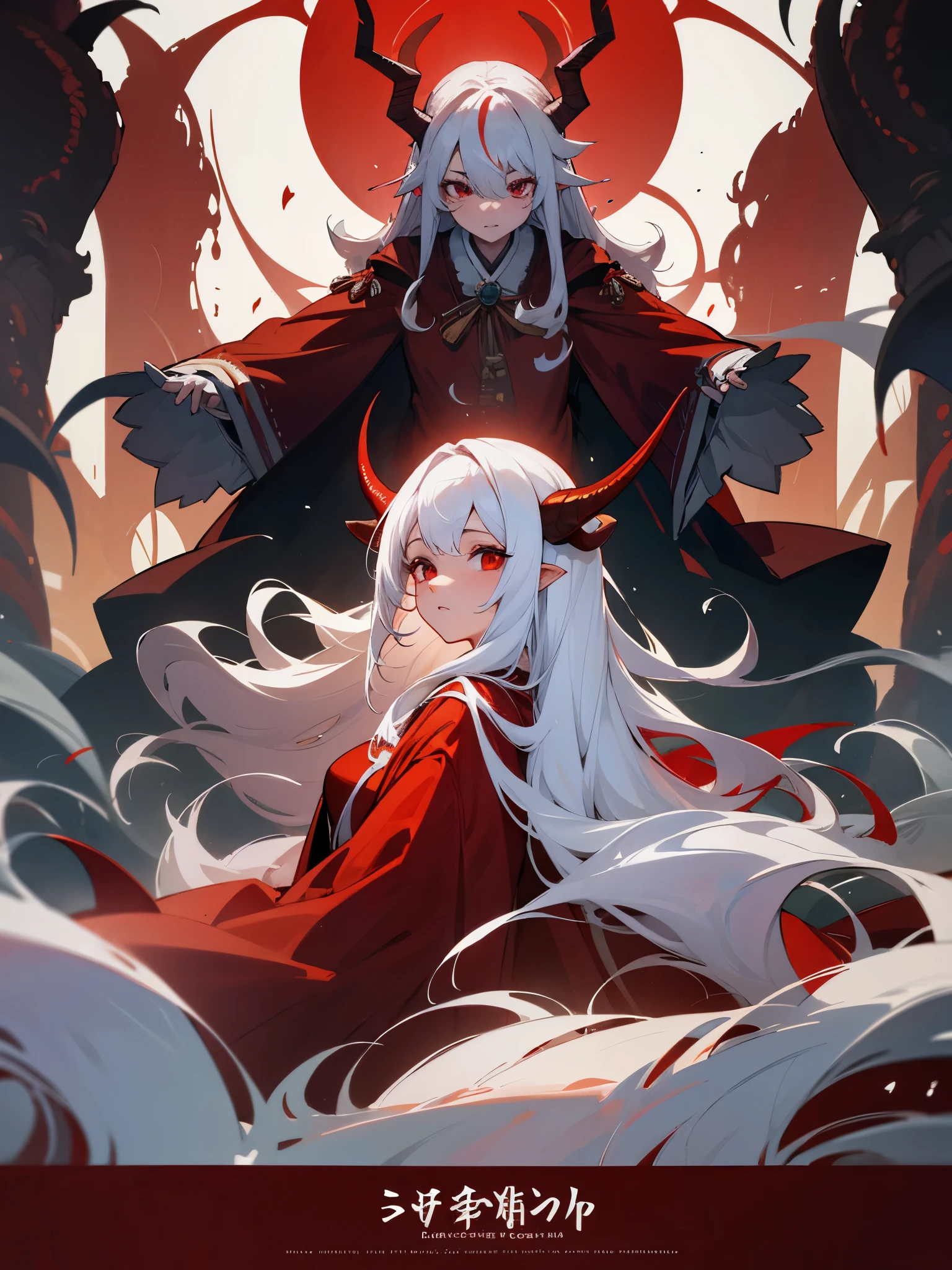 girl,long white hair,curls,red eyes,Antelope horn,Red robe,mage,Cthulhu,cult,poster,epic,
