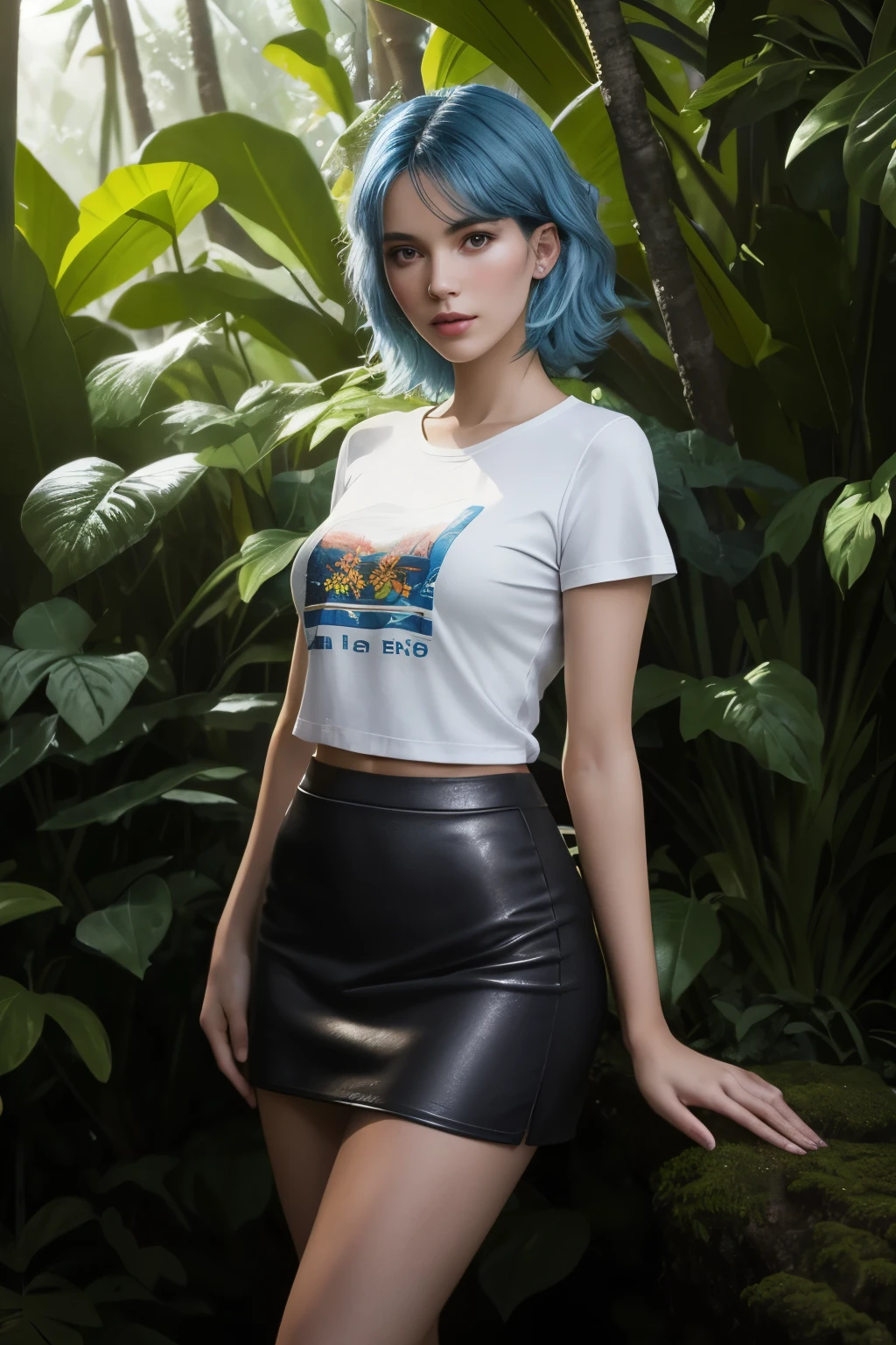 fashion photography portrait of Индияn girl with blue hair, in a lush jungle with flowers, 3D rendering, computer graphics, symmetric, octane number, 35 mm, hips, (complex parts:1.12), HDR, (complex parts, hyperdetailed:1.15), (natural skin texture, hyperrealism, soft light, Spicy:1.2), detailed, sunlight passes through the foliage, European woman, beautiful girl in a leather short skirt and a tight T-shirt