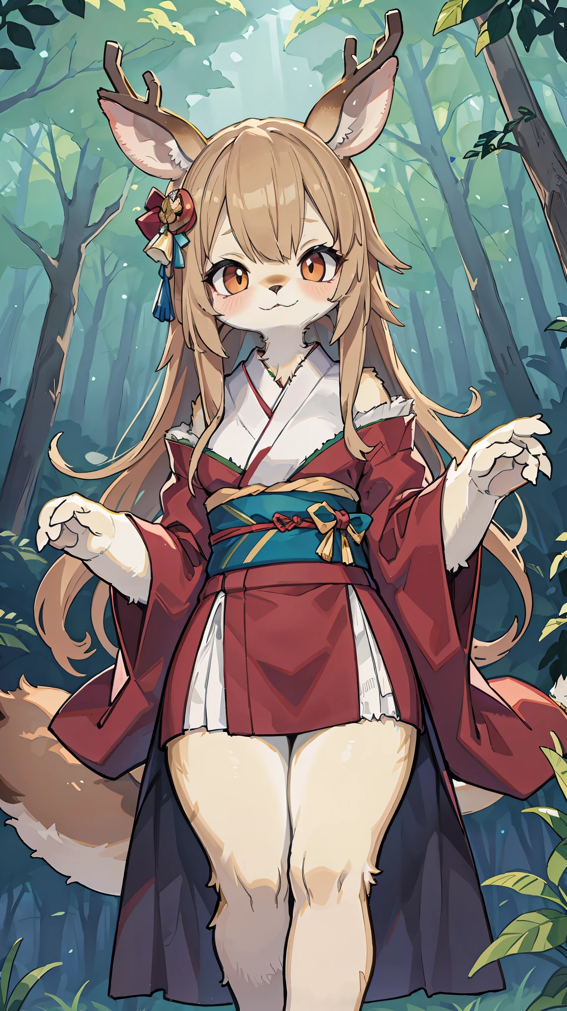 Deer girl furry brown fluffy long hair　deer ears　red ribbon in hair　kimono　deer tail　Hairy skin　cute　beautiful　best image quality　highest quality　very delicate　mysterious　in the forest