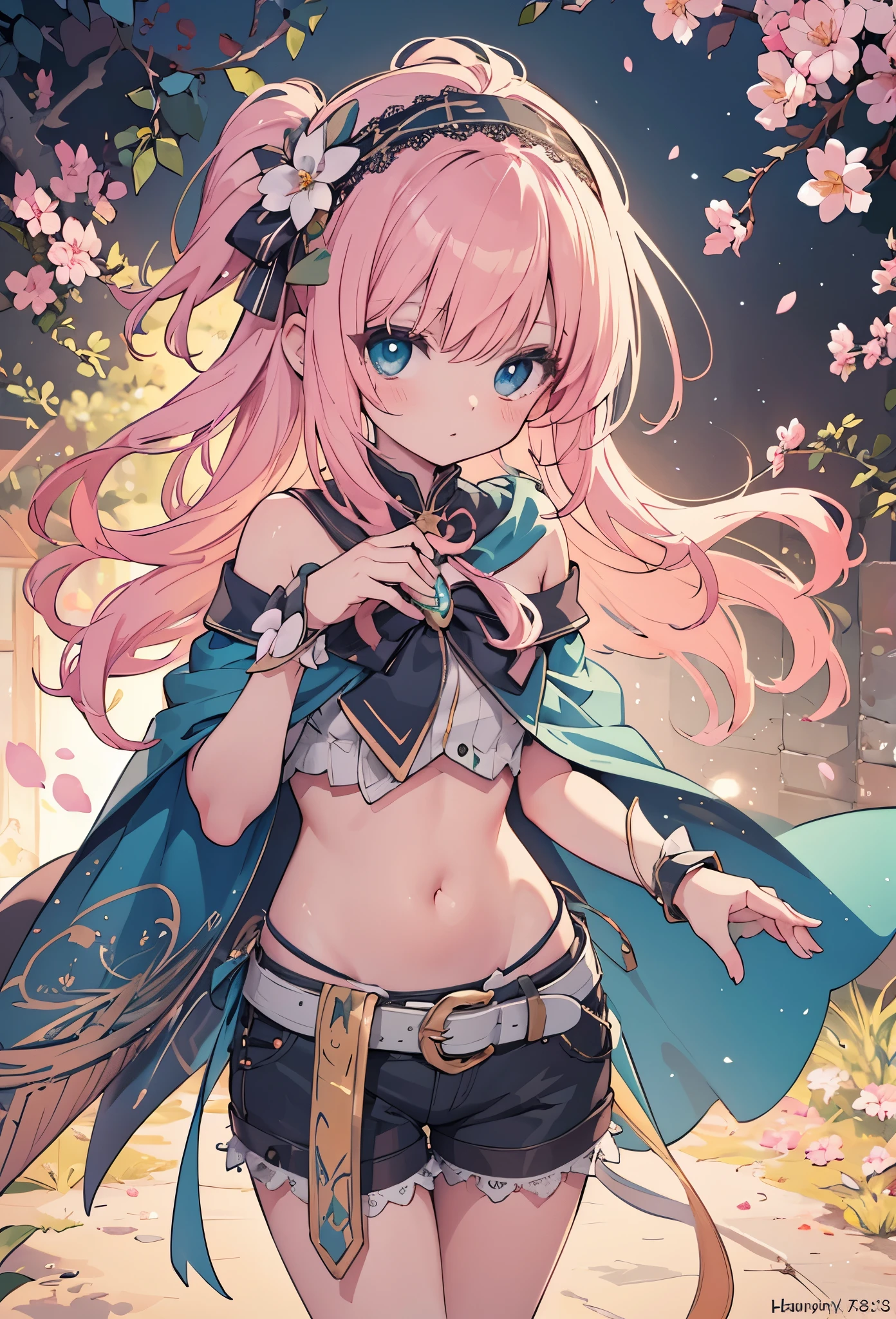 ((Highly accurate drawing in every detail)Extremely precise depiction)[High resolution],(detailed illustrations,Very detailed and precise drawing,Delicate drawn lines with tempo,Realistic texture expression),[color traced main line],[spring park [tree-lined avenue]],(HENTAI anime Girl (Pretty)  Skinny) (light pink hair [straight hair]) ((Magical girl)[Idol]),([cherry blossoms] headband) Low-rise shorts (Short cape (off shoulder) [Lace Ruffled Ribbon]) [Half Cut Boots:0.8],[silk fabric],transparency [soft ambient light] gravure [Colorful],(intricate and beautiful decoration [Dense detail]),(Fine and beautiful skin expression [transparency]),((Precisely drawn eyes))[完璧な目のdetailed((Beautiful eyes like jewels)Iris drawn in precise detail)[clearly drawn pupils]],[eye light[Pinpoint lighting for the eyes]],[long and beautiful eyelashes],[precisely drawn hair [美しく艷やかな髪のdetailed]],(完璧な手のdetailed [Beautiful fingers with no damage [beautiful nails]]),(perfect anatomy(perfectly balanced proportions))[[full body portrait]],[ideal color coordination(Accurate simulation of light and material interactions)],([precision detail](detailed,High definition)),[[pale and gentle colors]][Visual art that tells a story].