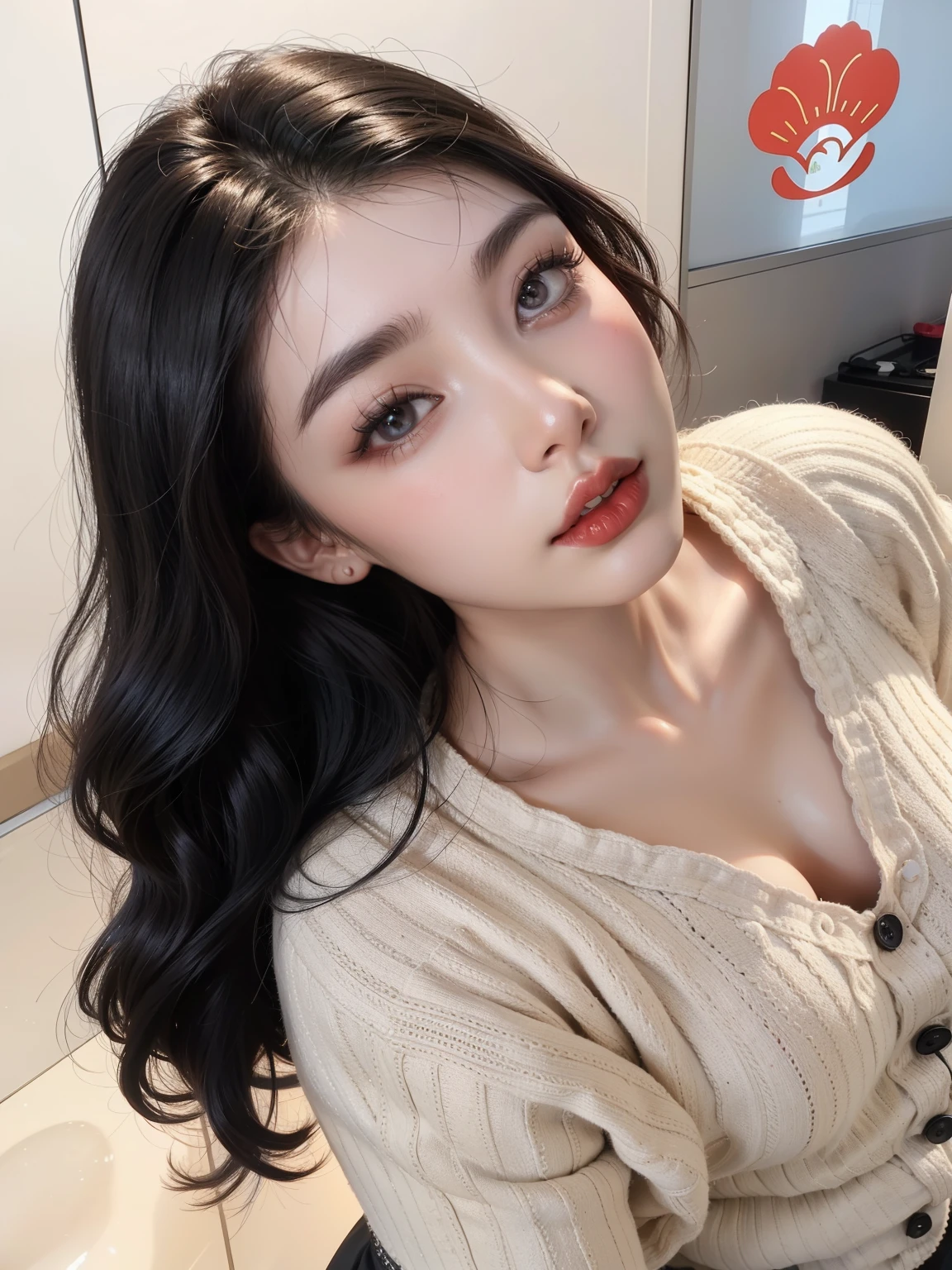 with long black hair、Arafad woman wearing red lipstick posing for photo, Urzan, 8k selfie photos, Clear lips and high quality, Gorgeous Chinese model, Fan Bingbing, sha xi, Xintong Chen, 30 year old female, thick red lips, 30 year old woman, small and thick red lips, 22 years old