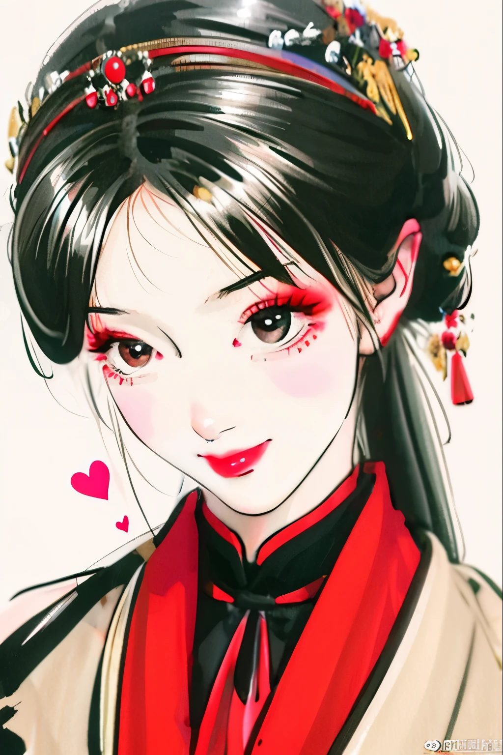 1 girl, black eyes, black hair, Keep your mouth shut, grey , hair accessories, hairpin, Heart, lips, lipstick, looking at the audience, cosmetics, portrait, Half-length photo，Has the characteristics of a dragon，性感的red lips, simple background, Smile, alone, , White background,(masterpiece:1.4),(best quality:1.4),(skin shiny),chch-style