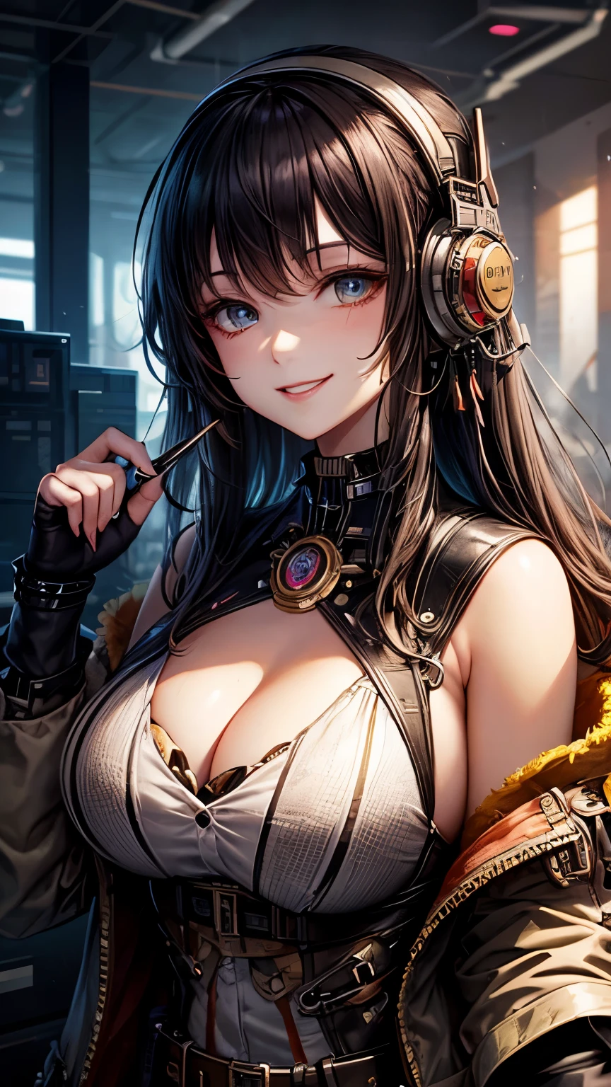 One woman。fractal art,steampunk,cyber punk,smile、cleavage