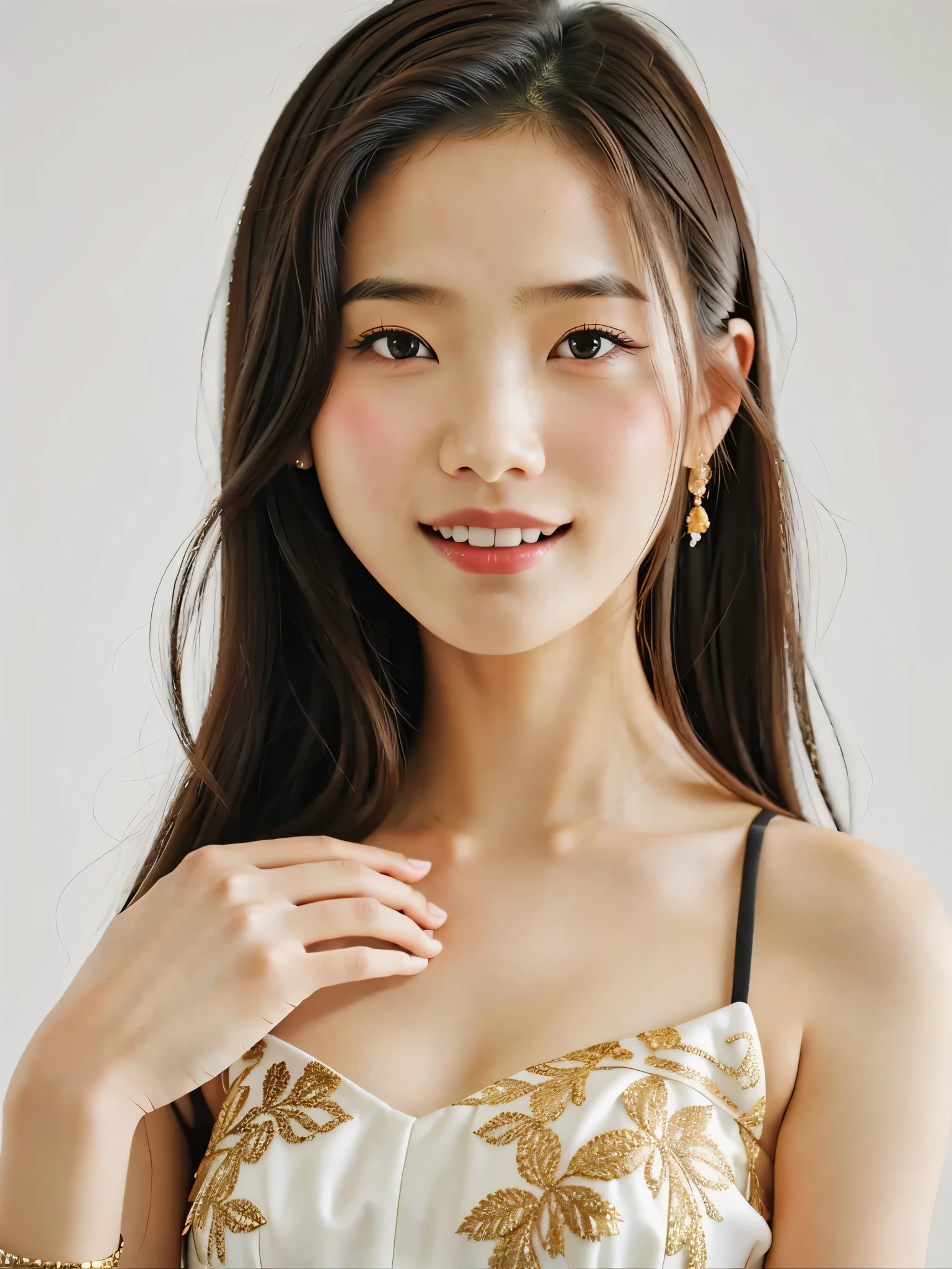 masterpiece、8k、32k、top quality、Photos of hand-decorated models, A detailed description、1 girl in、elegant、(dress 1.3)、(Winters:1.1)、White background、Smile