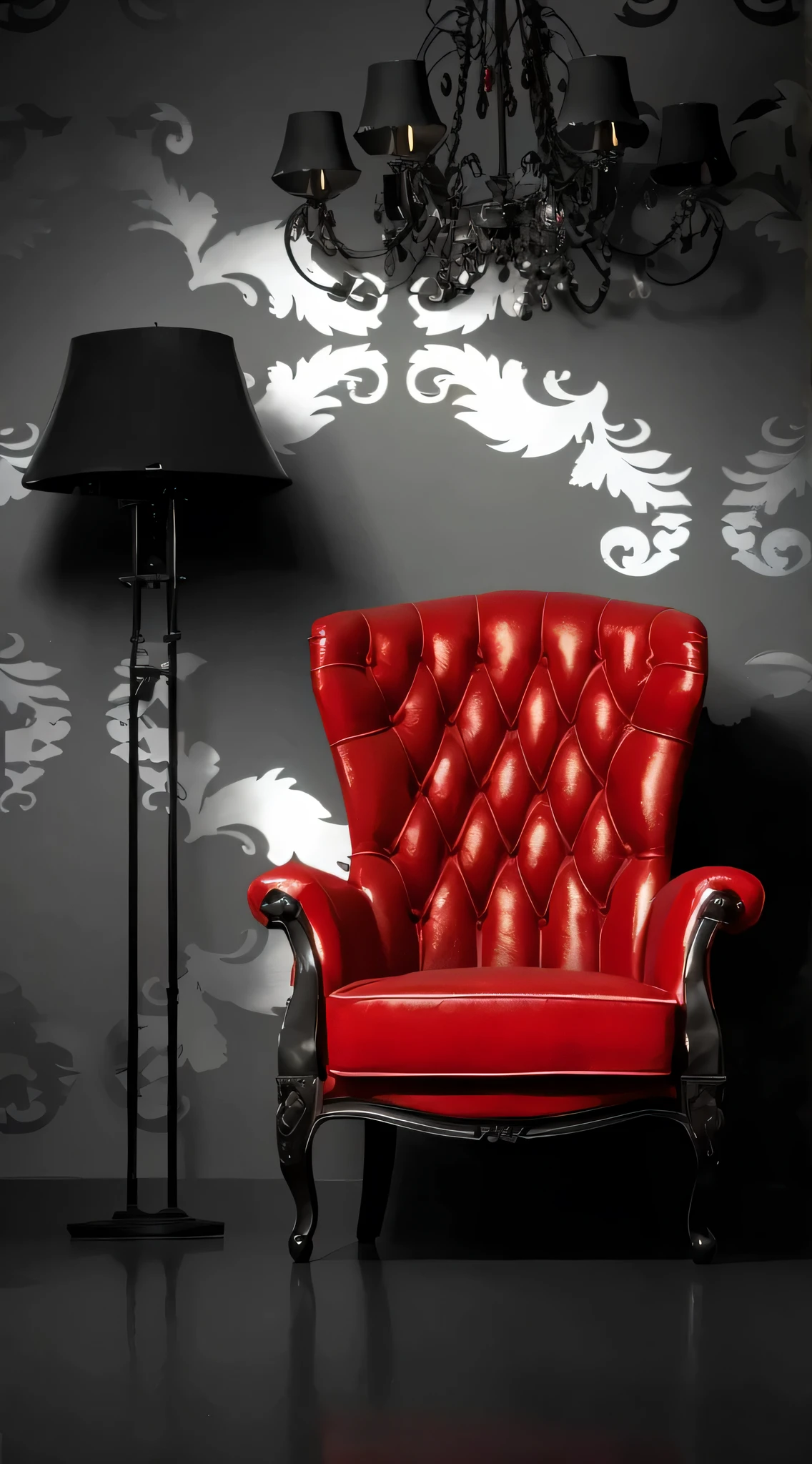 arafed red chair in a dark room with a chandelier, elegant and ornate, red velvet furniture, red wallpaper design, red and black color scheme, black and red color scheme, ornate and elegant, accents of red, red white and black color scheme, red interior, red and black colour scheme, portrait shot, wallpaper design, crimson and grey color scheme