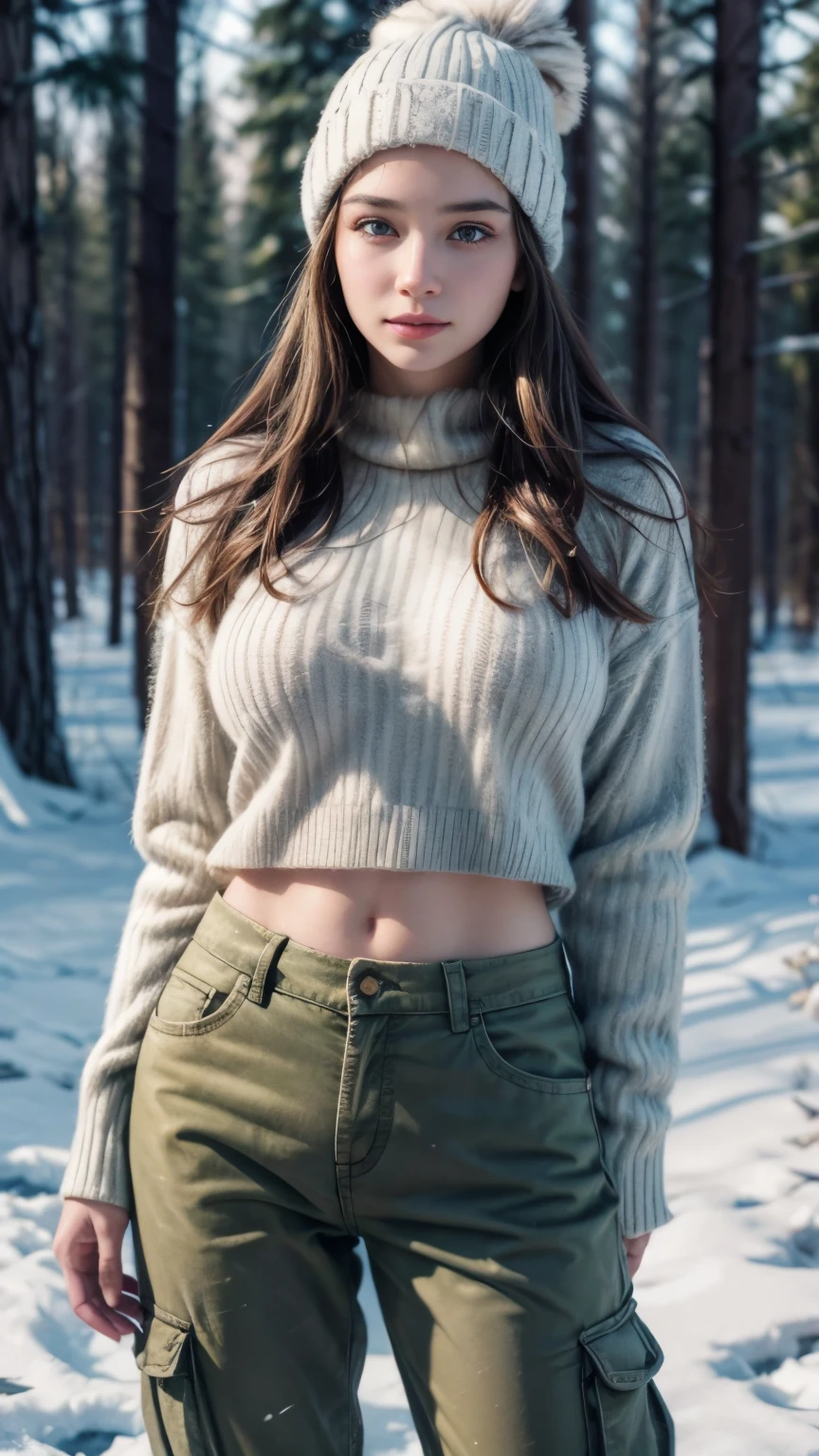 Create a photorealistic image of a captivating American army woman stationed in a winter landscape. 26 years old. Envision her clad in a stylish short top, army pants, and a snug beanie, exuding confidence and resilience against the cold. Large hips, big breasts, hot look. Picture her amidst a snowy terrain, with evergreen trees dusted in snow, and soft flakes falling around her. Capture the essence of her beauty, strength, and determination in this wintry setting. ((Photorealistic: 1.8)), ((High quality: 1.6)), real, absolute reality, realistic, 4k, real face, realistic face, American girl, detailed cloth, georgeous, hot
