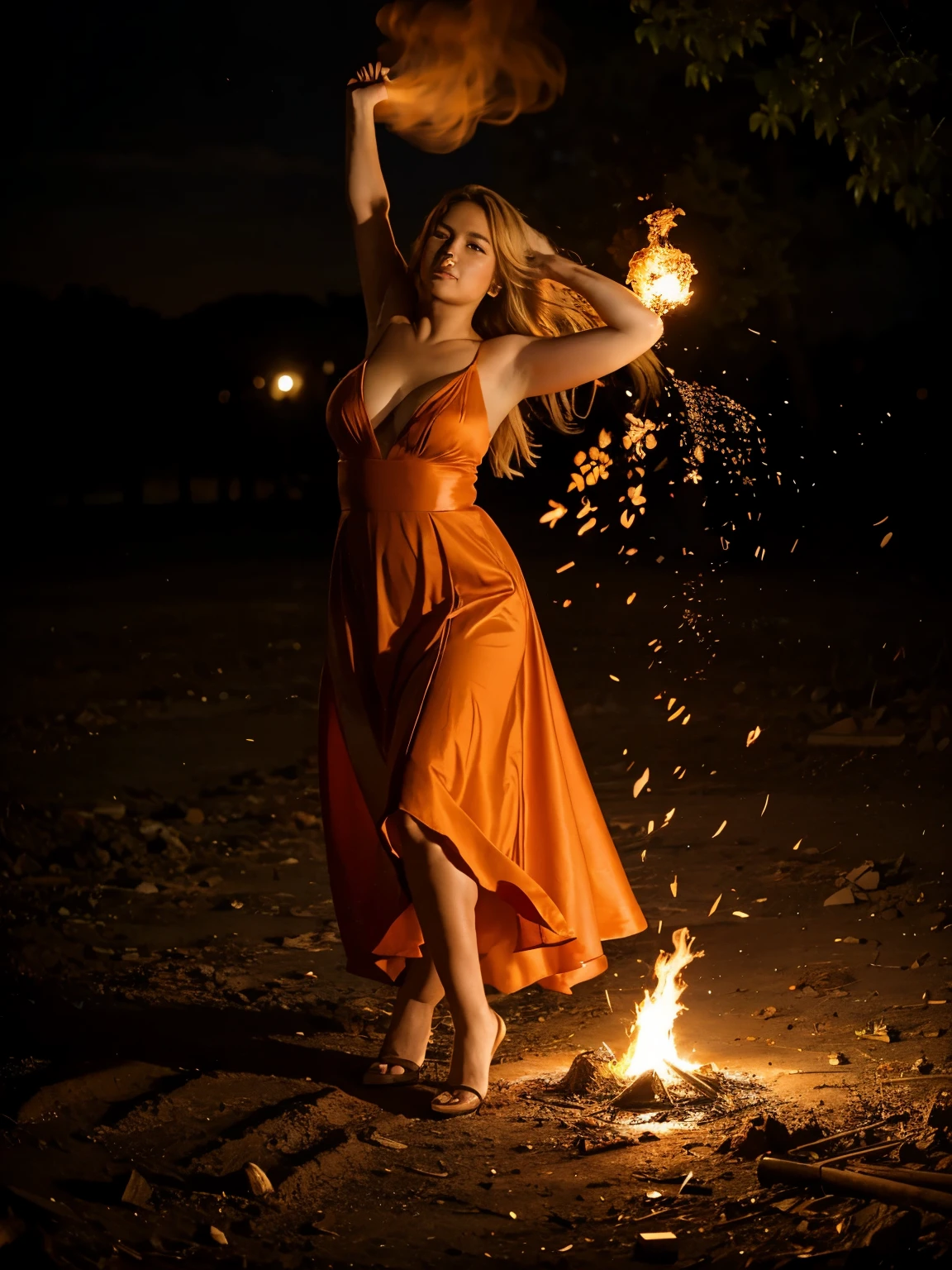 Blond hair full figured japanese woman wearing orange red flaming gown, dancing gracefully in the middle of flaming fire twirling in the form of large phoenix bird, on ash ground with pile of ashes