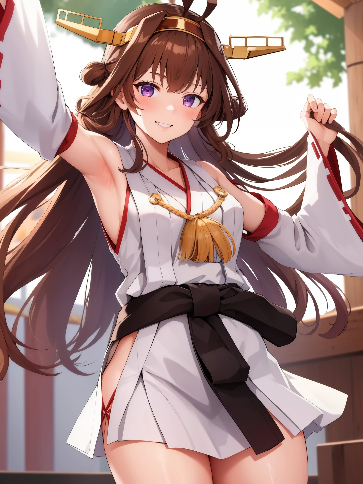 Show your armpits,(masterpiece, highest quality:1.2),figure,8k,hd,1 girl,alone,cowboy shot,Brown_hair,length_hair,Ahoge,hairband,hair_good,double_good,headgear,smile,non-traditional_Miko,purple_eye,separated_sleeve,Japanese_Clothes,ribbon-trimmed_sleeve,ribbon_trim,