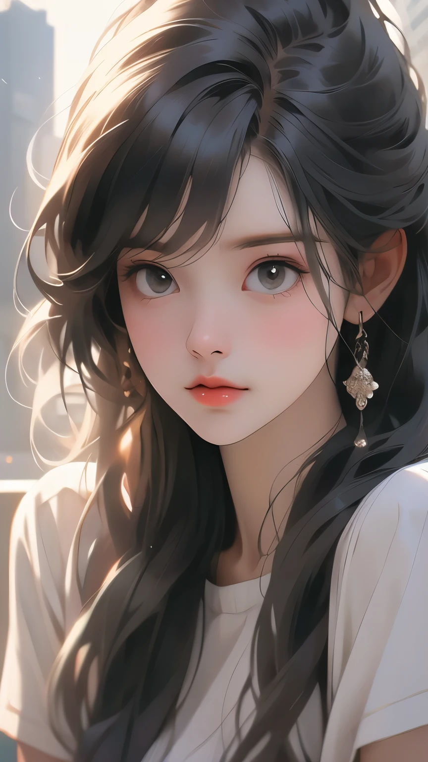 Girl in summer clothes, Loud bangs、White blouse and black plaid skirt, Squatting on the ground, Looking straight ahead, Black stockings or long stockings, Make it as if she wants to kiss you, View from the Viewer, Close-up photos, medium breasts, Cityscape, flirtatious look, ((Very detailed)), (Perfectly detailed face), (Well detailed hands), (Well detailed hands) Photorealistic images.