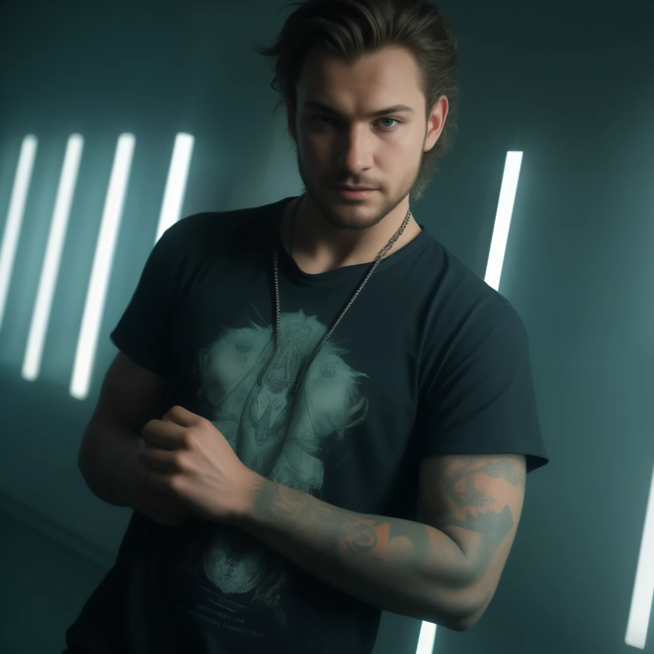 homme arafé avec des tatouages et une chemise noire debout dans une pièce sombre, Crain de Clayton, Jony Ives, bam margera, survivre à la collection streetwear, Tony Sandoval, trapu, style de seb mckinnon, Encré, il y a une personne, regard menaçant, photo de profil 1024px, dans le style jordan grimmer, Oeuvre officielle
