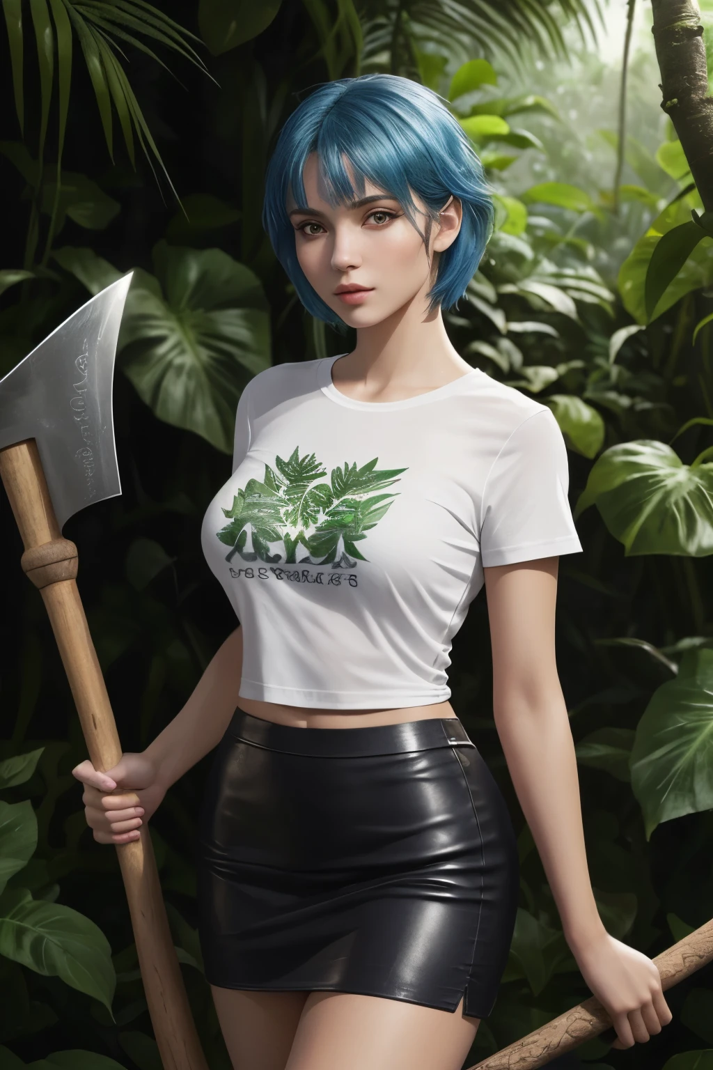 fashion photography portrait of Индияn girl with blue hair, in a lush jungle with flowers, 3D rendering, computer graphics, symmetric, octane number, 35 mm, hips, (complex parts:1.12), HDR, (complex parts, hyperdetailed:1.15), (natural skin texture, hyperrealism, soft light, Spicy:1.2), detailed, sunlight passes through the foliage, European woman, beautiful girl in a leather short skirt and a tight transparent T-shirt with a futaistic ax
