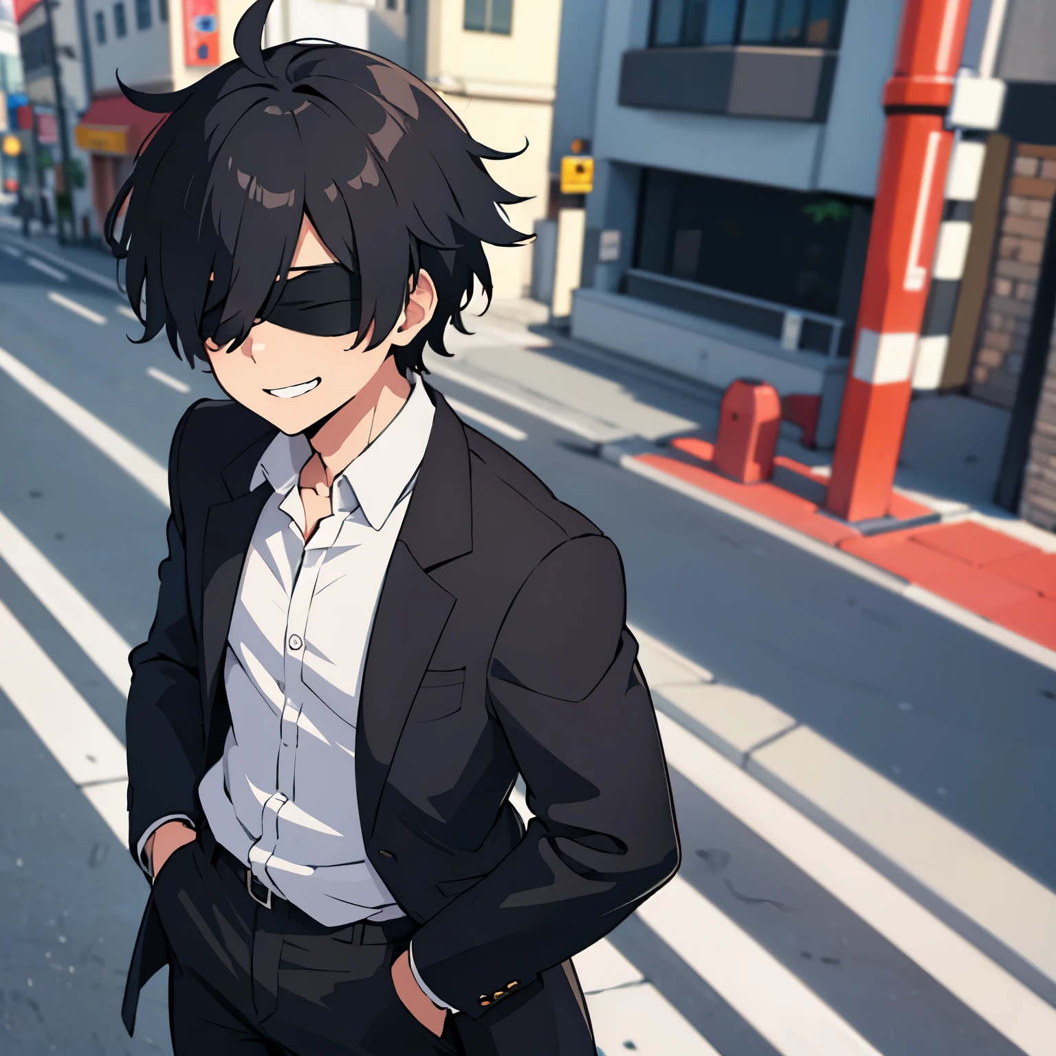 calidad superior, Obra maestra, Ultra high resolution, anime illustration of a boy with black spiky hair who has both eyes covered by a black blindfold, wears a school uniform and has a friendly smile and his hands are in his pocket and he is standing on a street 