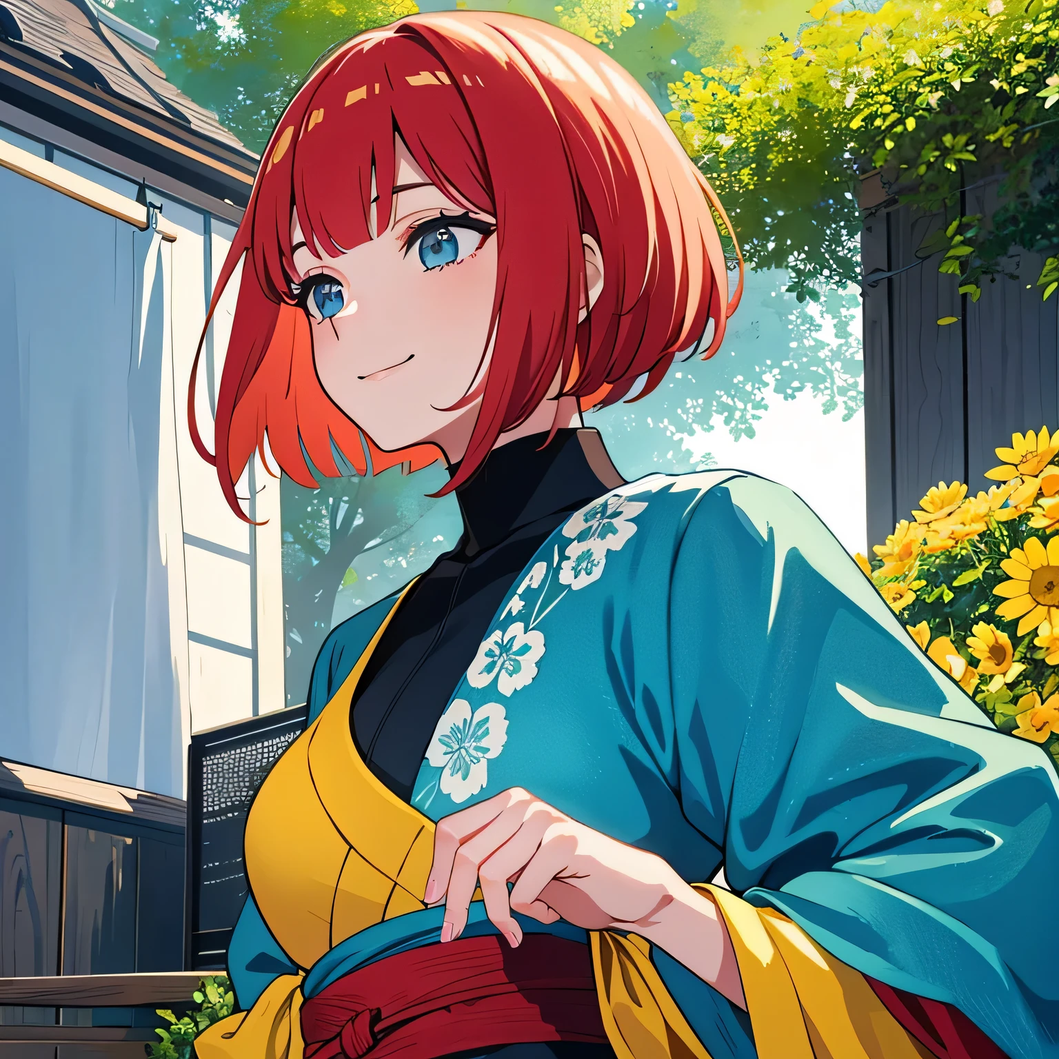 1 girl,Redhead Bob Cut、long bangs、eyes are blue、Springy yellow floral kimono 、dull smile、facing you from the front、profile,In 8K, surreal, Lens flare,It&#39;s a fun atmosphere, shine, be familiar with, complicated, lots of colors, bright lighting from the front, Trending at Art Station,, surreal, cat focus, 極限be familiar with, unreal engine 5, masterpiece, highest quality、Upper body